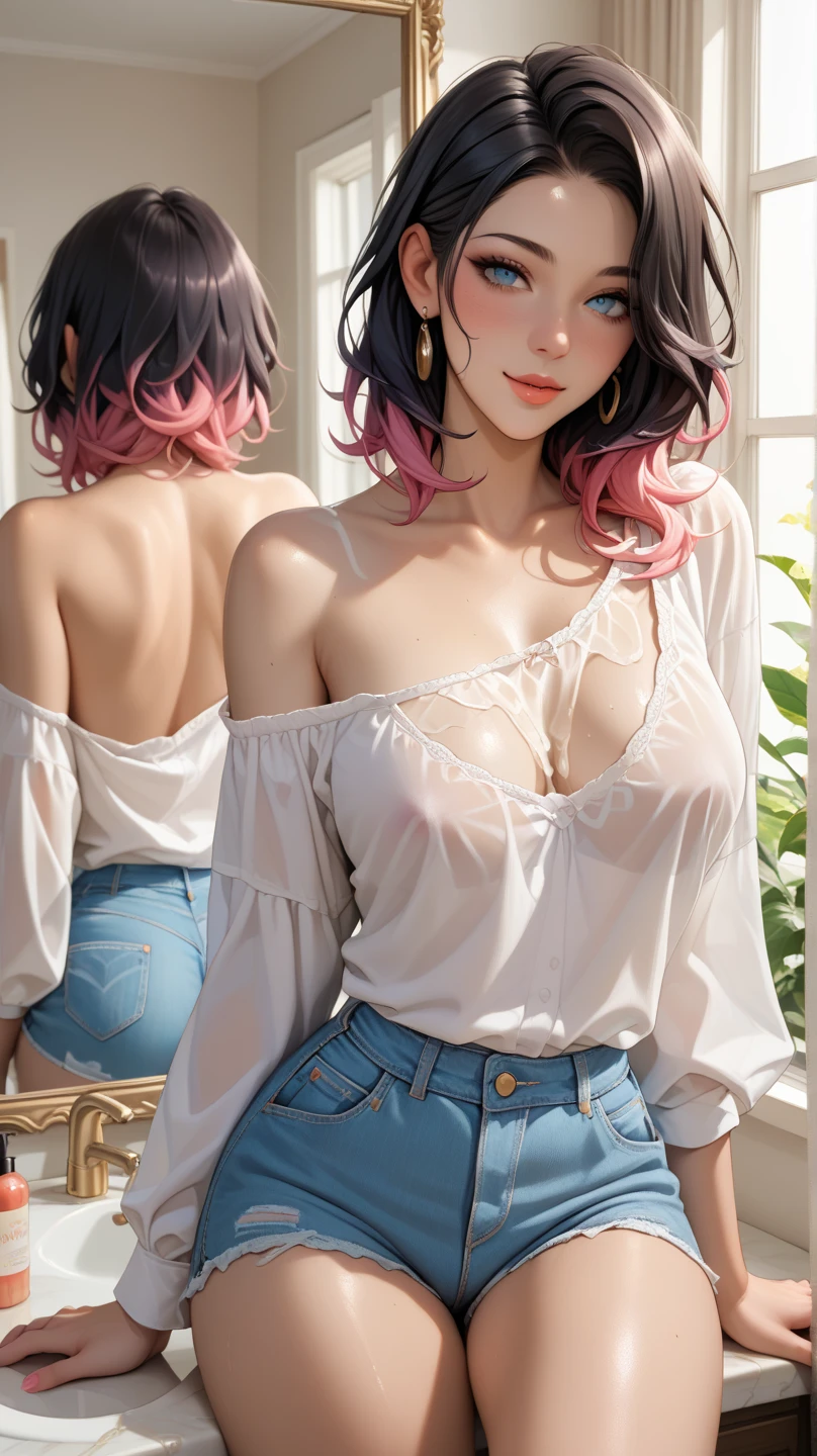 (Pink Fashion T-shirt:1.9),(Colorful hair: 1.8), (all the colours of the rainbow: 1.8),(((((vertical painting:1.6))), (painting:1.6),front, comics, illustrations, paintings, large eyes, crystal clear eyes,( rainbow color gradient high ponytail:1.7), exquisite makeup, closed mouth,(Small Fresh: 1.5),(Wipe Chest: 1.6) ,long eyelashes, white off shoulder T-shirt, White Shoulder Shirt,looking at the audience, large watery eyes, (rainbow colored hair:1.6), color splash, (solo:1.8), color splash, color explosion, thick paint style, messy lines, ((shining)),(colorful), (colorful), (colorful), Thick Paint Style, (Splash) (Color Splash), Vertical Painting, open crotch, Paint Splash, Acrylic Pigment, Gradient, Paint, Highest Image Quality, Highest Quality, Masterpiece, Solo, Depth of Field, Face Paint, colorful clothes, (Elegant: 1.2), gorgeous,long hair, wind, (Elegant: 1.3), (Petals: 1.4),lace ling(((masterpiece))),(((best quality))),((ultra-detailed)),(illustration),(dynamic angle),((floating)),(paint),((disheveled hair)),(solo),(1girl) , (((detailed anima face))),((beautiful detailed face)),collar,bare shoulders,white hair, ((colorful hair)),((streaked hair)),beautiful detailed eyes,(Gradient color eyes),(((colorful eyes))),(((colorful background))),(((high saturation))),(((surrounded by colorful splashes))), (glamorous body:1.7),(cortch tattoo:1.3), (from below:1.2), sexy intricate dress, V string, see through, (Best quality, 8k, Masterpiece :1.3), (realistic, photorealistic: 1.37), (Pretty woman in her 20s), (sparkling diamonds), (emphasizing slender abs:1.3), (loose lace top, tight lace open crotch shorts that accentuate her big buttocks), (belly button:1.4), transparent top clothing,(random sexy pose), (looking back at me), (wet body), (long hair, random hairstyle), (large breasts :1.3), sexy Succubus, hypnotized, with hanging breasts, pantyhose, mouth open drool trail coming out, drool puddle between cleavage, shiny lips, love juicy out, sexy nodes, NSFW