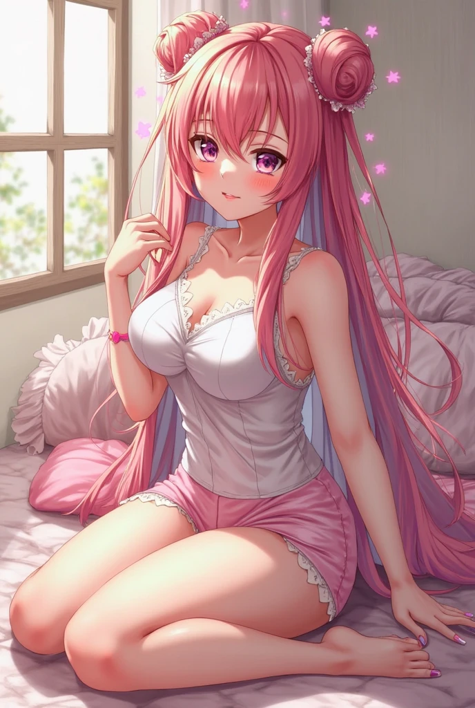 Beautiful illustration、top-quality、Cute little girl s、Bedroom、A pink-haired、length hair、(((Pink pleated skirt)))、(((pink sailor suit)))、shortsleeves、Colossal tits、a navel、Flipping up the skirt with your hands、Show white panties、Pull up your skirt and show your panties、bare-legged、blue eyess、on the beds、lovely thighs、glowing thigh、kindly smile