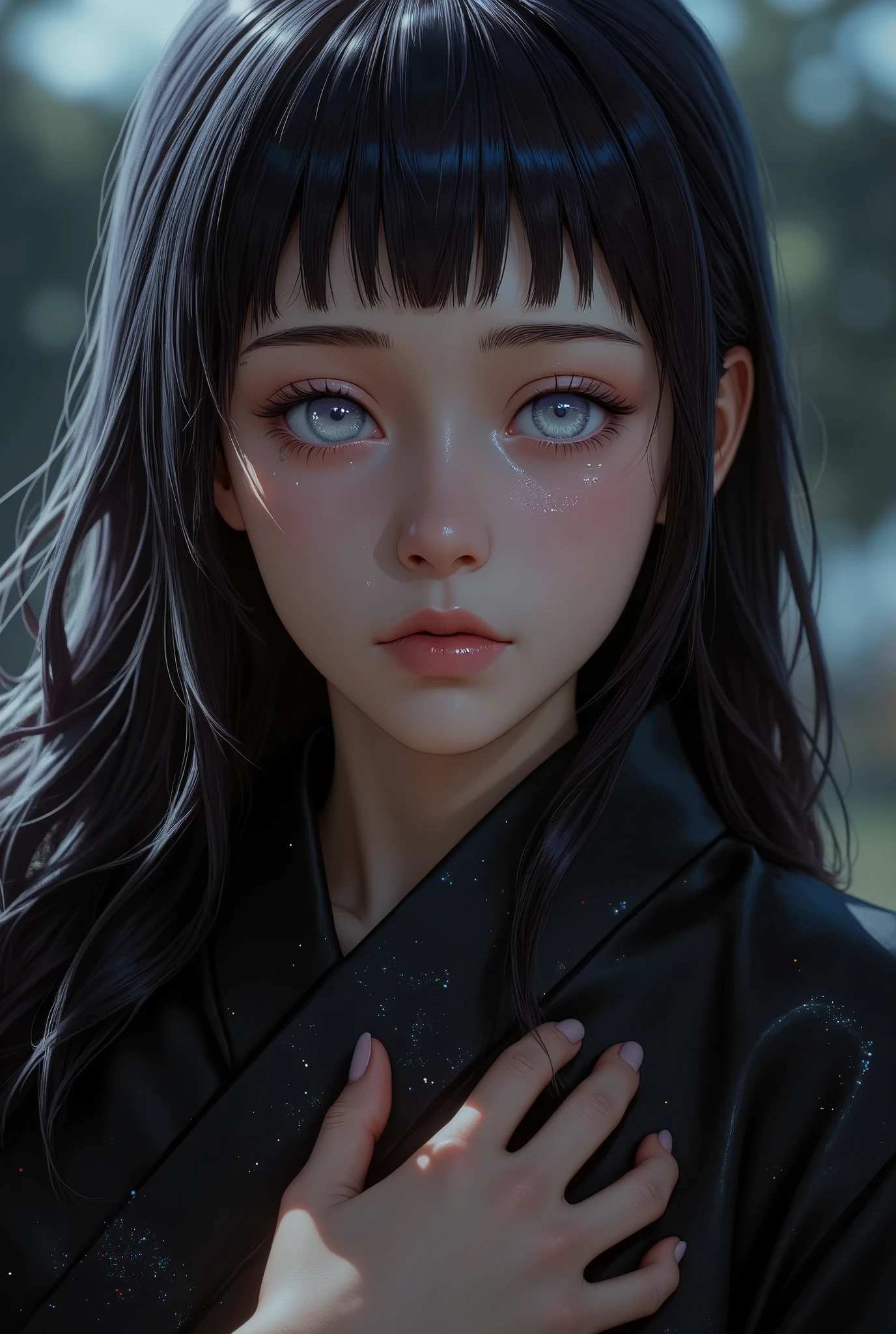 Tear-Jerker Masterpiece" Recreate the story that made you cry—whether from Sorrow, soul-stirring moments!, Crying Expression, tears Down at her Beauty face, The Cry That Broke After Her Husband's Funeral, Beauty Female wearing All-Black Kimono,Hyūga_Hinata's, Anime Style.