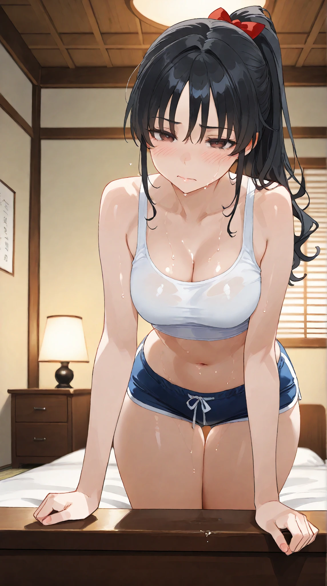 ((masterpiece,best quality anime,Highest quality:1.3)),realistic,cowboy shot,(25 year old beauty),Female ninja、1woman,独奏,((very small head:1.4)),((very long body:1.3)),black hair,bangs,(long ponytail hair),gorgeous big eyes,black eyes,shy,((tan skin:1.4)),((slender body:1.3,skinny)),medium breasts,gleaming skin,shiny skin,((white loincloth:1.3,Black tube top shirt、navel、)),sweat:1.3,standing,Domestic、Temple、