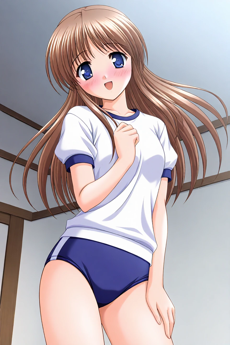 ((table top, highest quality, High resolution, nffsw, perfect pixel, 4K, nffsw, nffsw))), 1 girl, single, alone, beautiful woman、18-year-old、I could see the whole body、 ((long hair)), ((brown eyes, beautiful eyelashes, realistic eyes)), ((detailed face, blush:1.2)), ((smooth texture:0.75, realistic texture:0.65, realistic:1.1, Anime CG style)), small breasts, ((full body shot))、 slender body, ((Gym Uniforms、navy blue bloomers、volleyball clothes))、playground、sexy pose、physical education sitting