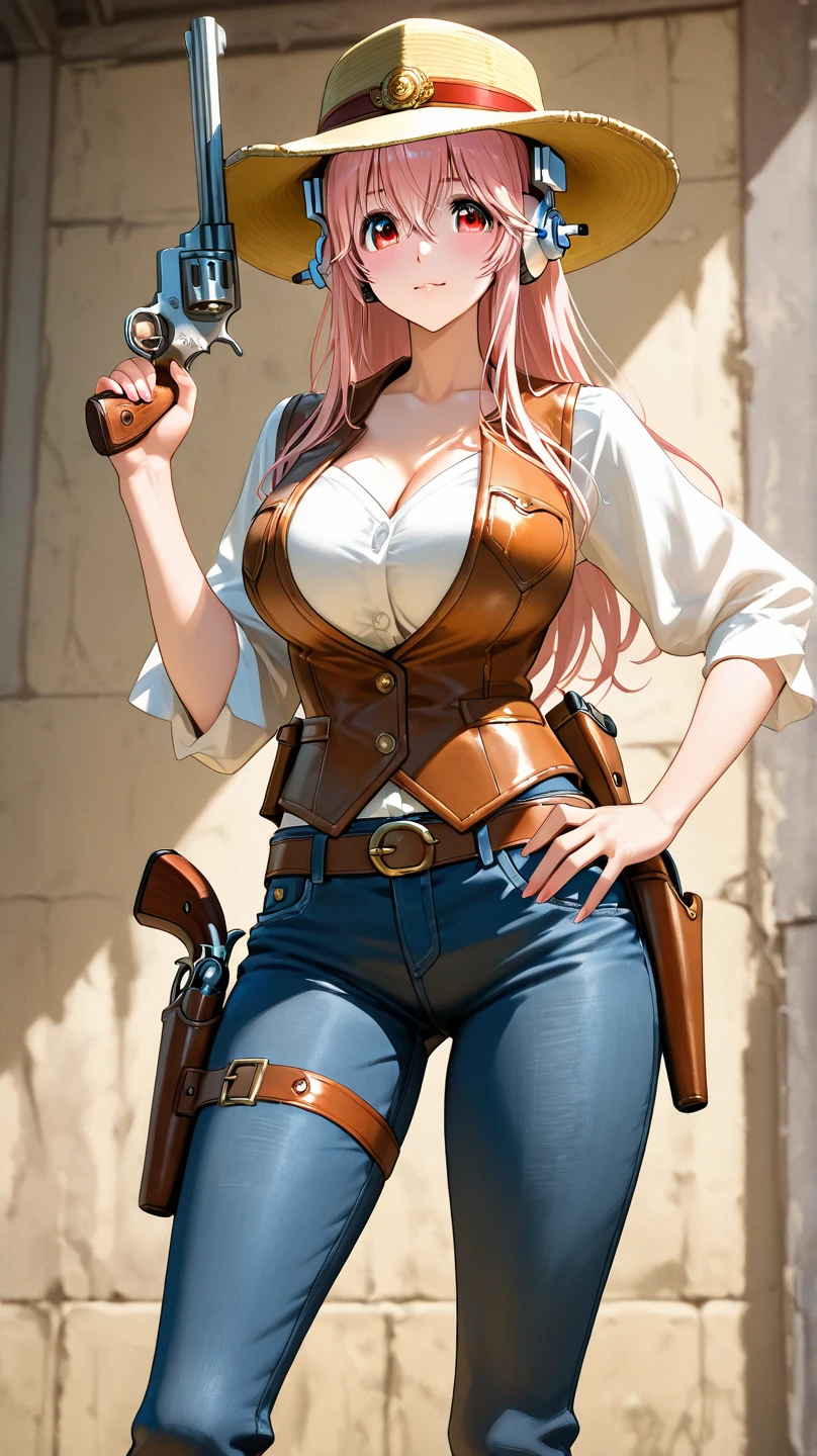 (Masterpiece, Best Quality:1.2), Cowboy shot, 独奏, 1girl, Neapolitan, Smile, closed mouth, looking a viewer, Hand on hip, Heterochromia, Brown eyes, pink eyes, Huge-breasts, leotard, pants, wide thighs, belt