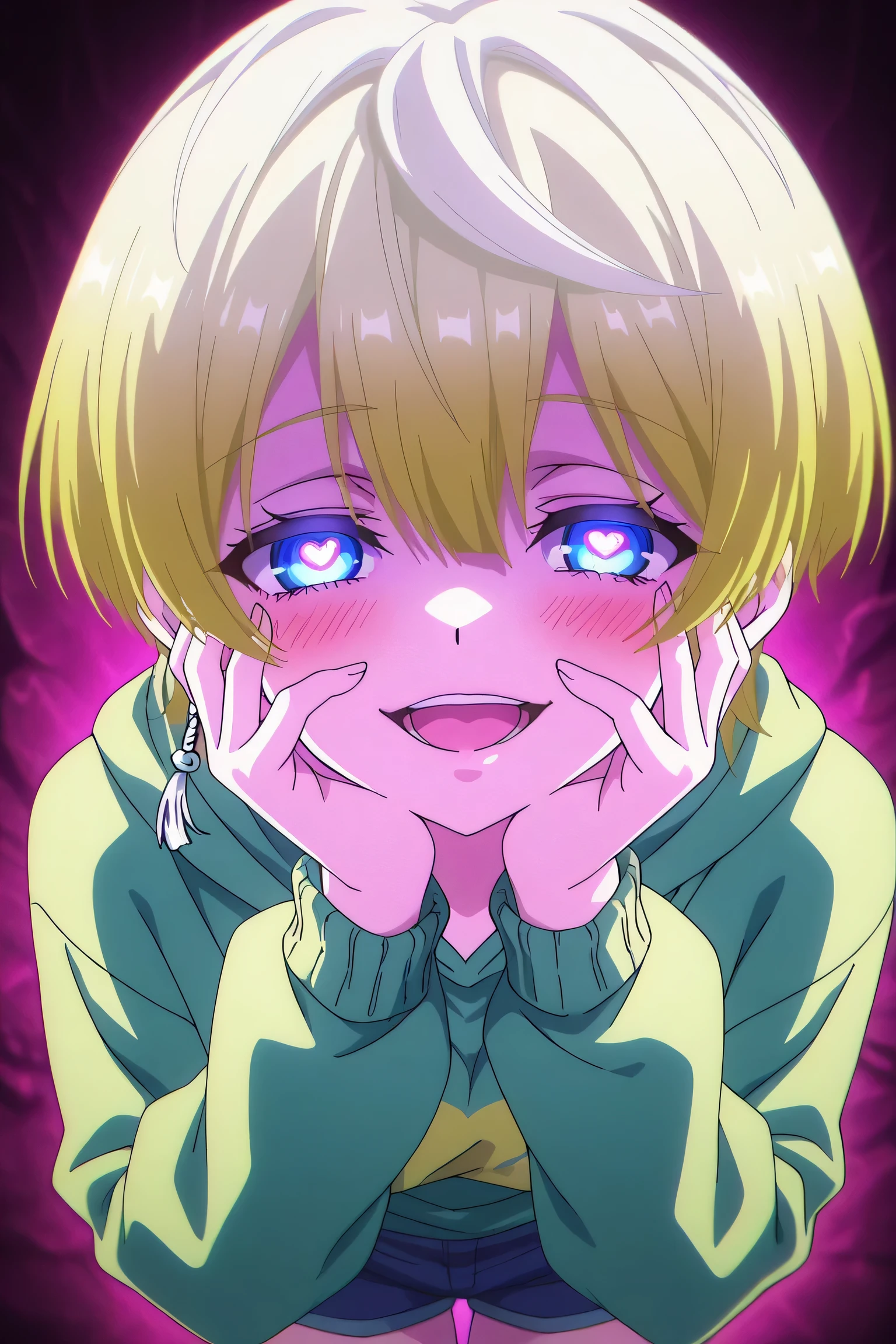 tenka izumo, solo girl, Anime style, short hair, multicolored hair, white hair, blonde hair, blue eyes, hair between eyes, single earring, green cropped hoodie, blue shorts, yandere trance, yandere, hands on own cheeks, hands on own face, crazy eyes, crazy smile, crazy, heart-shaped pupils, glowing eyes, symbol-shaped pupils,open mouth, glowing, blush, looking at viewer,