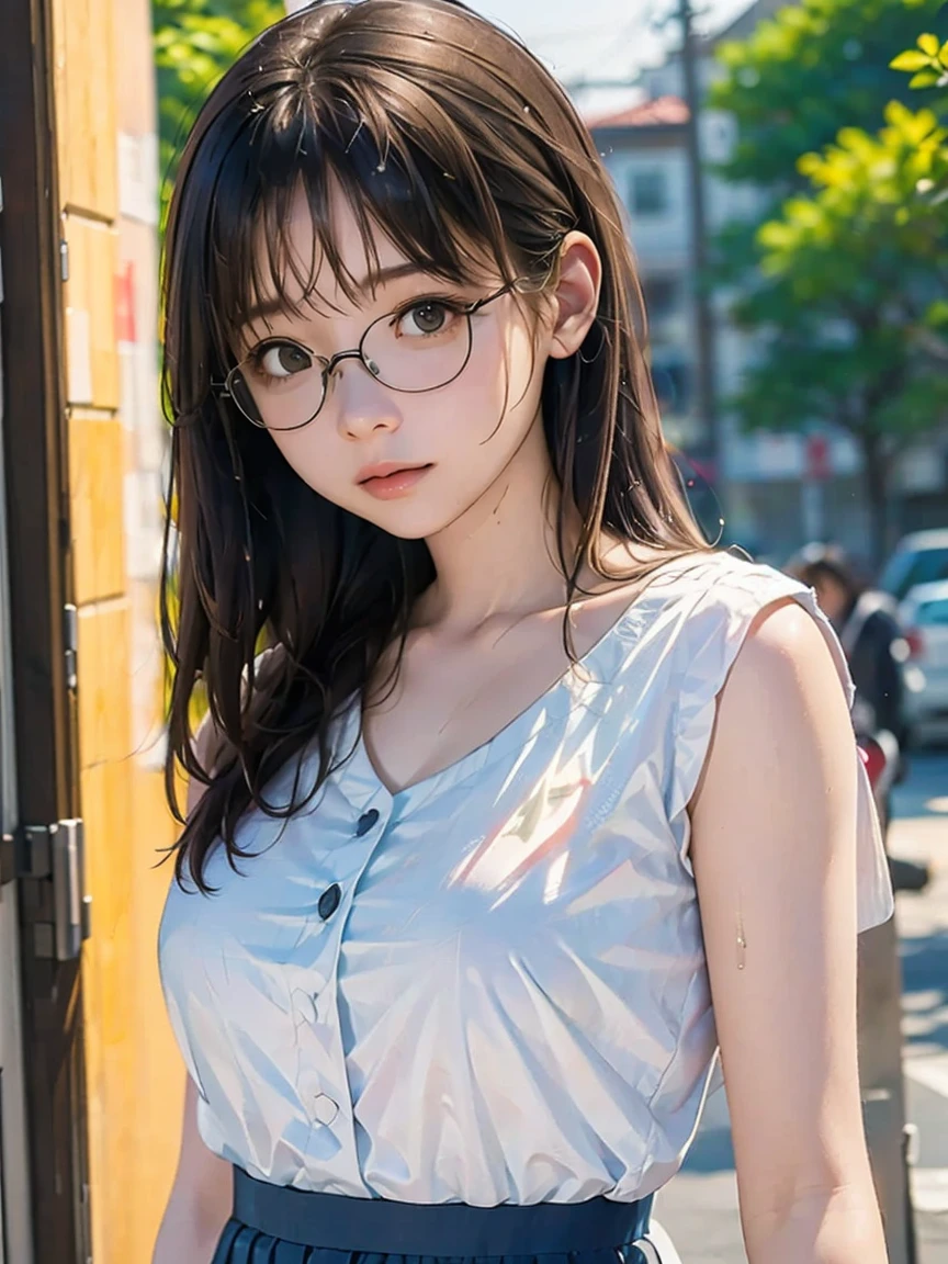 (A Japanese woman standing facing this way:1.4、A woman arguing with a stern look on her face、Hold up your finger and look here)、(Realistic、Like a photograph、Live Action、8k, Realistic, RAW Photos, Best image quality: 1.4), Single-lens reflex camera、RAW Photos, Highest quality, Realistic, Very detailed CG Unity 8k wallpaper, Written boundary depth, Cinematic Light, Lens flare, Ray Tracing, Realistic background、(Wearing glasses、blouse:1.4、Long skirt:1.1、Small breasts)、((Ultra-dense skin))、 Cute Japanese Woman、((whole body:1.5),short hair:1.2、Short Ponytail、tie your hair with a hair clip、I like that style、stylish、Very detailed、Pay attention to the details、Perfect outfit、(Sunburned skin)、View from the front