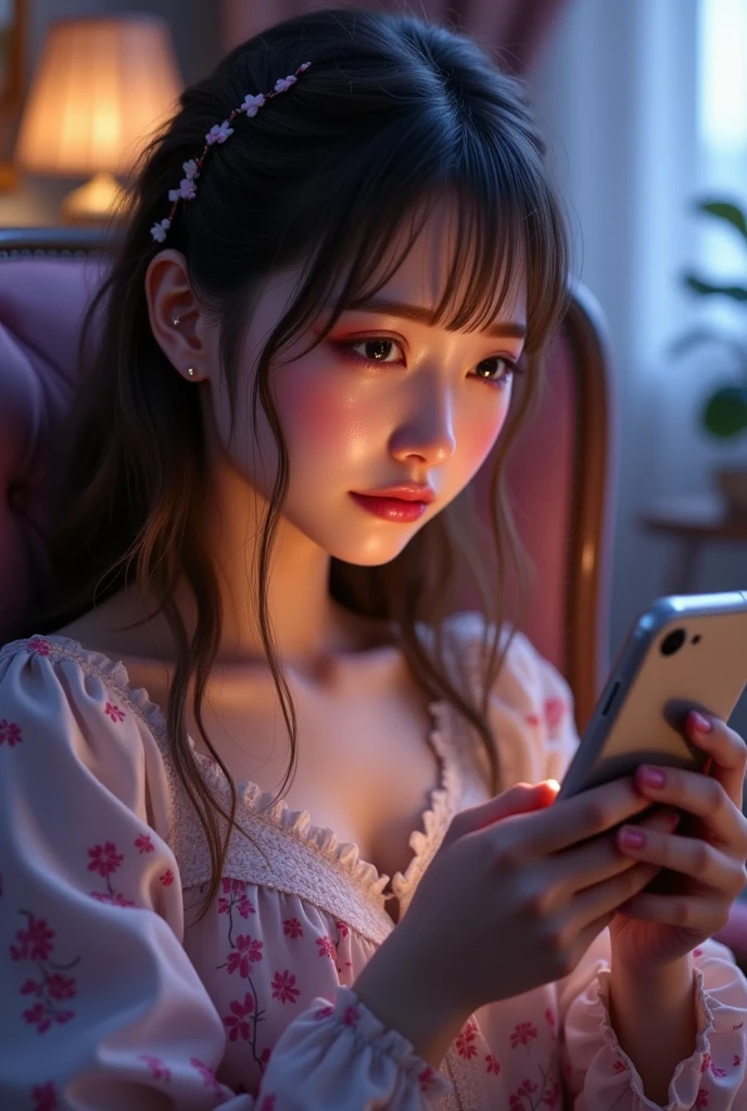 cell phone電話を手に持ち、Anime woman lying in bed looking at a screen, late night, nighttime, Beautifully illuminated, Illuminated from the side, night, cell phone電話をチェックする, Digital Enhancement, Portrait Shot, night - time, night time, Anime woman lying in bed looking at her smartphone, night-time, cell phone, Low light, The lighting is dim