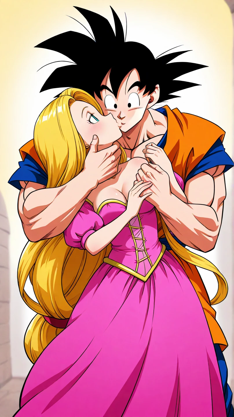 Goku kissing Bulma with tongue and having sex naked in bed, both blushing and out of breath, making love