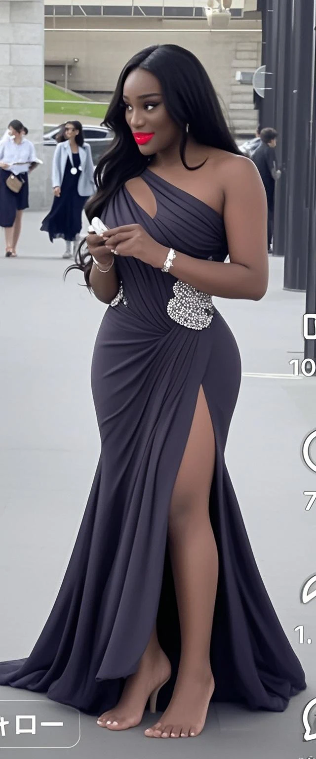 ((masterpiece,best quality)), absurdres,
Nessa_Pokemon,
1girl, solo, dark skin, blue eyes, black hair, blue hair, two-tone hair, jewelry, necklace, earrings, black strapless evening dress, high heels, full body shot
solo, smiling, looking at viewer, cowboy shot,
cinematic composition, contrapposto,