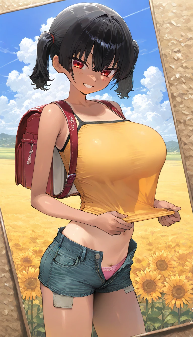 sunny、summer、Sunflower field、White clothes、No bra、Large Breasts、shame、Burning cheeks、Embarrassed、Young face、Large nipples、Big nipples、pubic hair、after the rain、Stained and clingy clothes、茂ったpubic hair、多いpubic hair、Denim hot pants