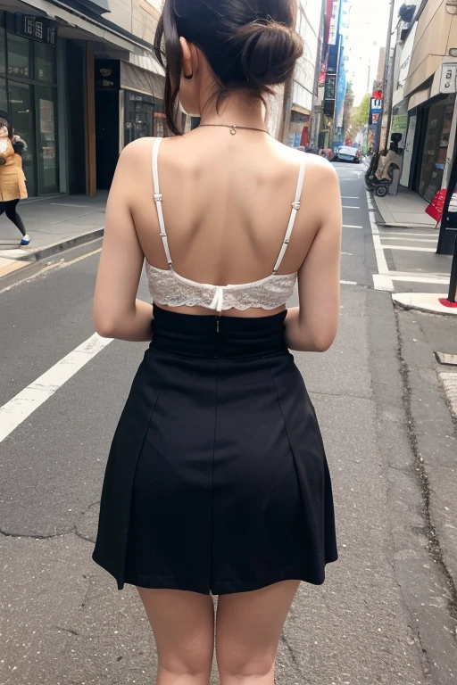 (Raw photo, Best Quality), (Realistic, Photorealsitic:1.3), masutepiece, Extremely delicate and beautiful, Soft light, (Brown hair,Bob Hair, layers-Cut), (Detailed fingers), extremely detailed eye and face, beautiful detailed nose, Beautiful detailed eyes, Japanese, Neat and clean beauty, Cute, young, Dark Blue Floral Lace Bra Sad Face、Big Ass、Realistic face, Realistic body, Outdoors、Are standing、White Skirt