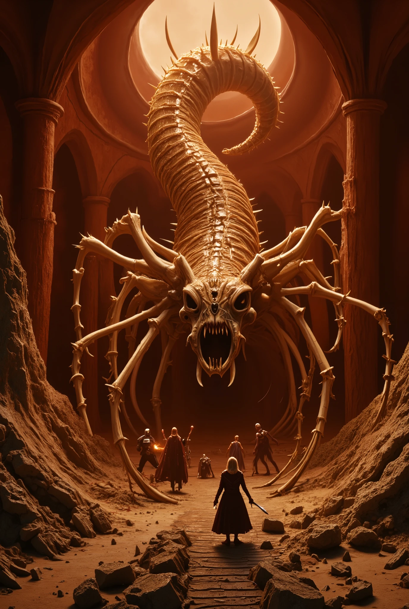 giant bone centipede burrowing into the ground and fighting a group of adventurers.