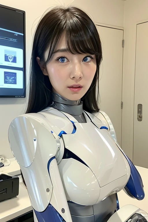 masterpiece, best quality, extremely detailed, Japanese android girl,Plump ,control panels,robot arms,robot,android,cyborg,white robot body,ceramic body,perfect robotgirl,blunt bangs,sumo wrestler,blue eyes