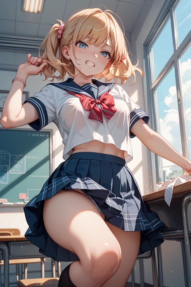 NSFW, (((masutepiece, Best Quality, photographrealistic))), (Shiny skin), (nffsw, 8K Wallpaper, High resolution), Perfect Anatomy, Cinematic lighting, Physically-based rendering, Award-winning, highlydetailed skin, extra detailed face, Eyes with beautiful details, Carl Zeiss 85mm f/1.4, (1 man and 1 girl, a couple:1.5), Cute 16 year old Japan , sitting in the chair, (Black hair, Short bob cut, Brown eyes, Round face), medium breasts, Wet school blouse with ribbon, Navy Pleated Skirt Lift, Navy High Socks, (nose blush, Naughty, half opened eye, Drooling), Spread legs, Thigh Focus, In the classroom, Blue Hour, (One guy is a student, A student is hugging a  from behind:1.5), Student Uniforms, (Student touching girl's panties:1.5), [Full body shot], Shot from below,