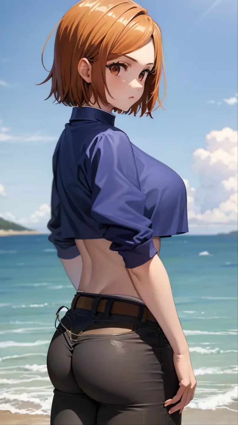 ((best quality)), ((masterpiece)), (detailed), perfect face, short hair, blue top, crop top, blue fitted legging shorts, huge breasts, huge ass
