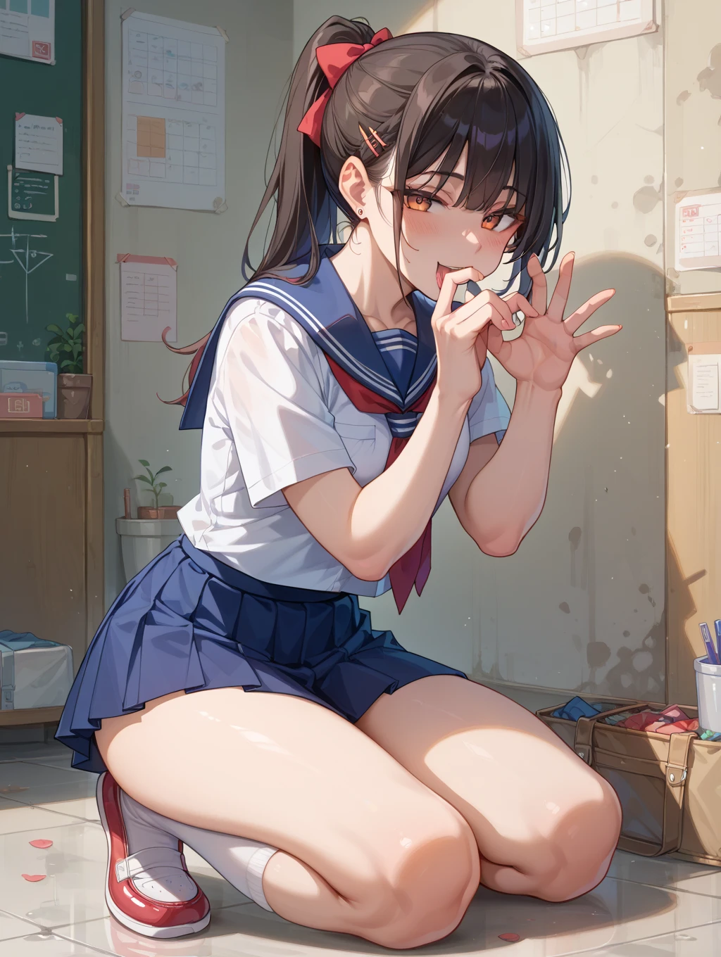 (Photorealistic:1.5), (masterpiece, Highly detailed 8K CG, Sharp lines), hi-school girl, A dark-haired, Beautiful anime , Smooth Anime CG Art, Beautiful anime , Beautiful anime girl, (12-year-old beautiful girl:1.5), Detailed skin, (gleaming skin:1.9), (beautiful short black hair:1.7), Beautiful black hair, blue Eye, (many streaming sweat:1.2), (drunken eyes:1.7), (orgasm:0.1), (in heat:0.1), (flat chest:1.7), (gaunt:1.9), (student clothes, a sailor suit, Dark blue pleated skirt:1.5), (short sleeve:1.2), (full body:1.5), wet, solo, one girl, (shoot from above:1.2), (leaning forward:1.5), Inside the classroom, (open mouth:1.3), (Tight fitting clothes:1.0), (blush:1.5), (Lots of clear drool overflows from her mouth and drips from her chin.:1.4), (half closed eyes:1.8), (tearful:1.4), (from below:1.5), (tongue out:1.3)