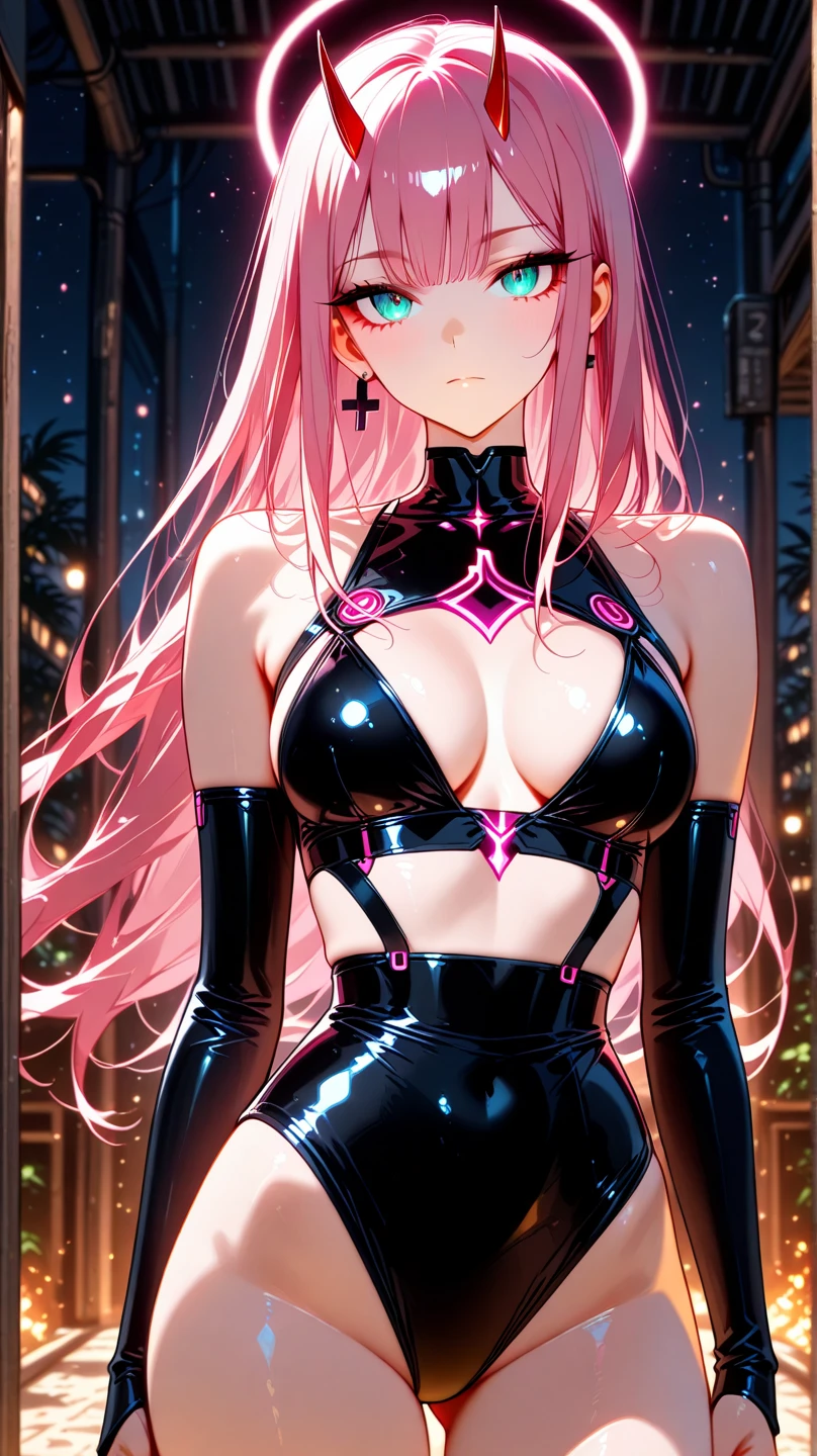 Erotic Tall Shihodo Narika、Pink Hair、Twin tails、No sleeve、Shoulder、Super Subaru Flash Ninja Haruka、Black mini skirt、Adult married woman, female executive in shiny pink rubber suit, red hearts on black background, bedroom, dark theme, evil, temptation, excitement, condescending smile, sexy pose, upper body emphasis, lying on man, angle from below, bat wings, succubus, hands on chest