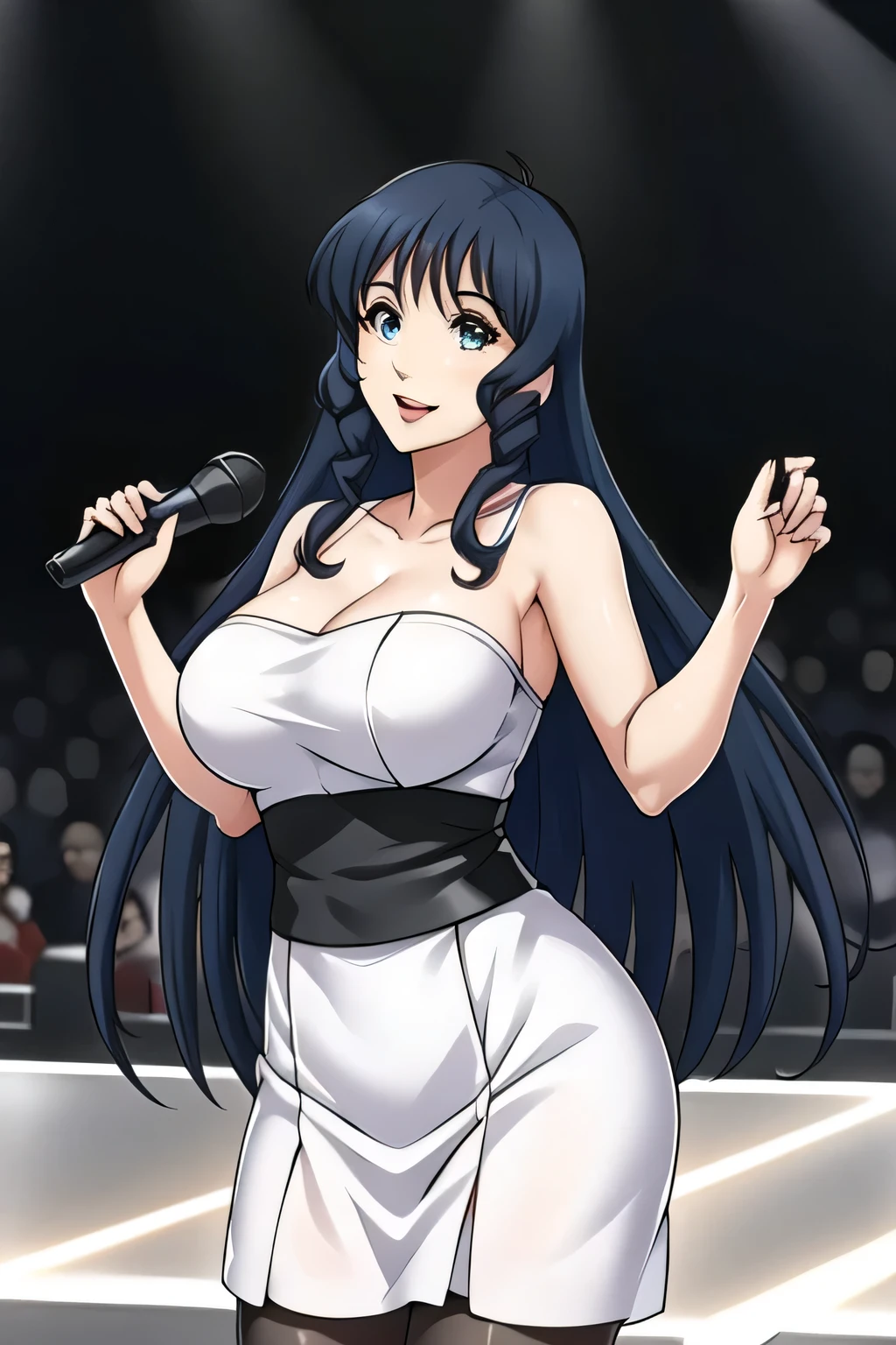 draw a woman singing in space,follow a battleship of the Zentradi army,There are lots of battleships together,draw a woman in a white dress,Soldiers of the Zentradi army are surprised,A woman singing with a lovely smile ,,face is absolutely necessary,accurate hand and foot expressions,,on stage、illuminated by the spotlight、 Glamorous concert costume , A stage made of laser lights ,,20-year-old lovely smiling adult woman, long black hair big black wavy hair , , Big breasts, thin waist , ,,