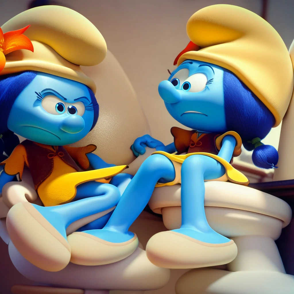 pov, smurfette, white dress, blonde, hat, blue skin, handjob, two girls, blue hair, small penis, foreskin, looking at viewer, short hair, half-closed eyes