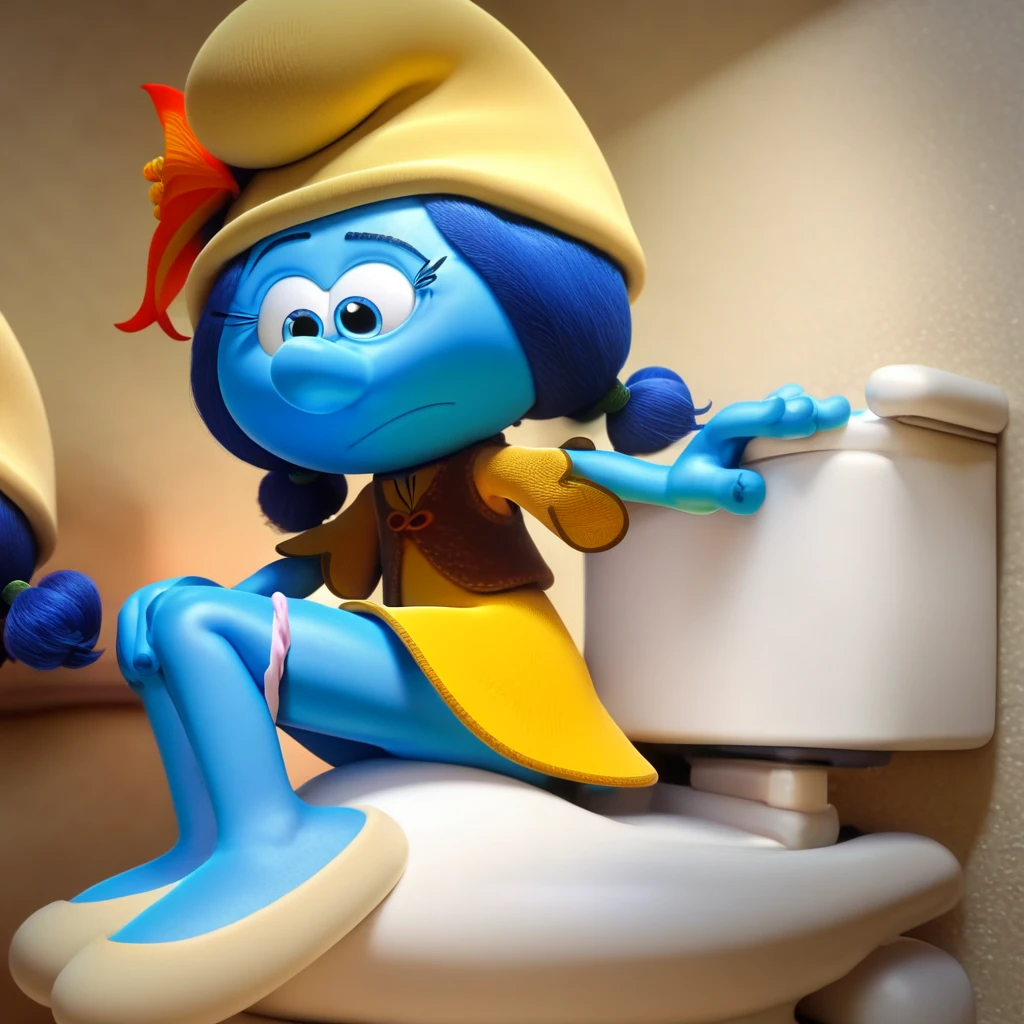 pov, smurfette, white dress, blonde, hat, blue skin, white shoes, shy, lifting dress, pussy, smile, sitting on bed, looking away, slender legs, legs apart