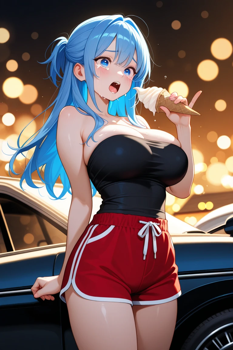 ((Highest quality、、masterpiece:1.3)), Upper Body、Long legs、full body shot,Sharp focus:1.2, Beautiful woman with perfect figure, 19 years old, large breasts, triple D cup breasts, round buttocks, bubbly buttocks, wide hips, bubbly ass、Sexy pose、(eating ice cream cone)