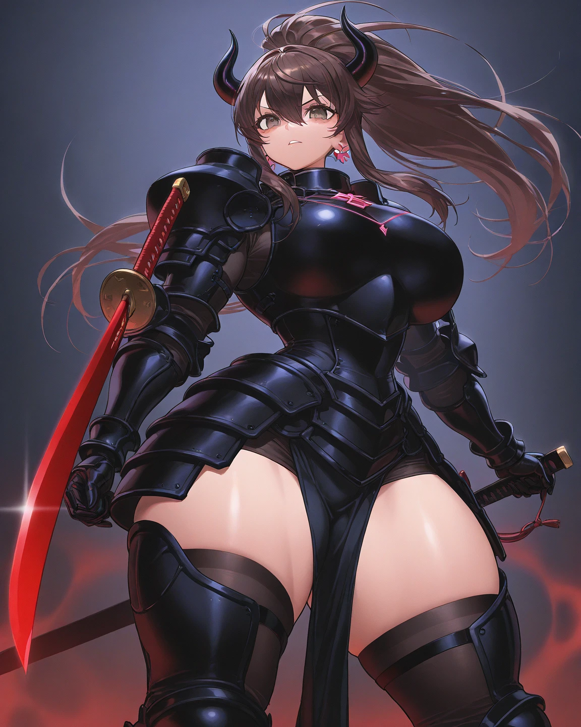 Japanese anime style. woman. she wears armor she is on all fours. mini skirt. sticking out her ass. from below. --auto --s2
