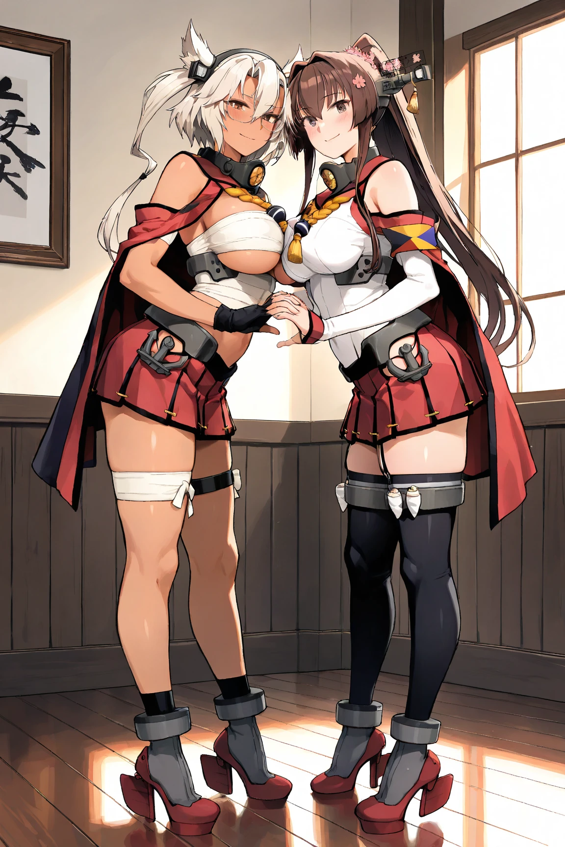 (((((Red BRA)))))、2 girls in、Yuffikisaragi、((a miniskirt))、((((pantyhose))))、(((Kneeling)))、(((Poses that emphasize breasts)))、(((long boots)))