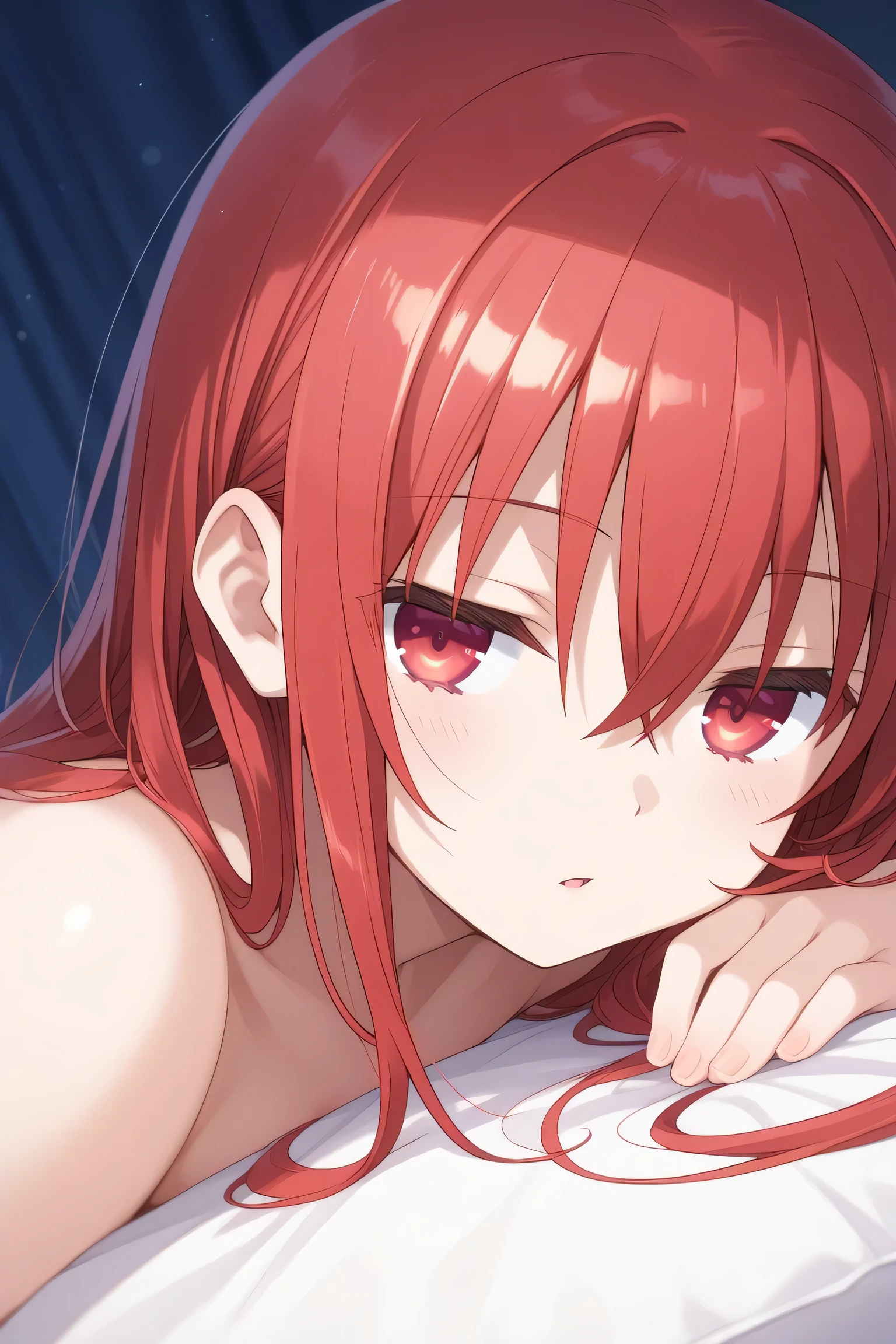 tsukasa_yuzaki, red hair, red eyes, long hair, hair between eyes, bangs,sleeping naked looks seductive