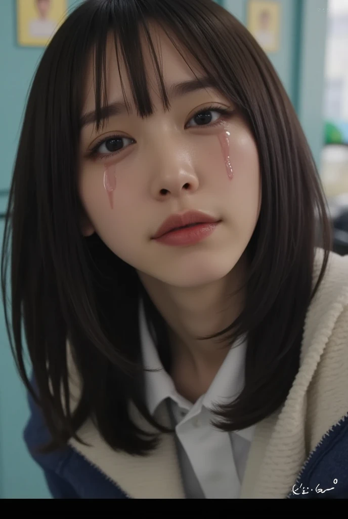 NSFW, (kawaii 24 year-old Japanese girl, Nogizaka idol, Korean idol), (glossy hair, very short hair, bangs:1.3), (beautiful black eyes, rounded face, single eyelid, no makeup:1.4), (embarrassed, noseblush, sex silly, orgasm, closed eyes, half opened mouth:1.5), (cum to face, semen on the face, bukkake:1.5), (wearing suit jacket, collared shirt, necktie:1.3), (extra small breasts:0.9), BREAK, (simple blue background:1.3), (view from forward, bust shot:1.3), BREAK, (masterpiece, best quality, photo realistic, official art:1.4), (UHD, 8K quality wallpaper, high resolution, raw photo, golden ratio:1.3), (shiny skin), professional lighting, physically based rendering, award winning, (highly detailed skin, extremely detailed face and eyes), Carl Zeiss 85 mm F/1.4, depth of field, 1girl, solo,