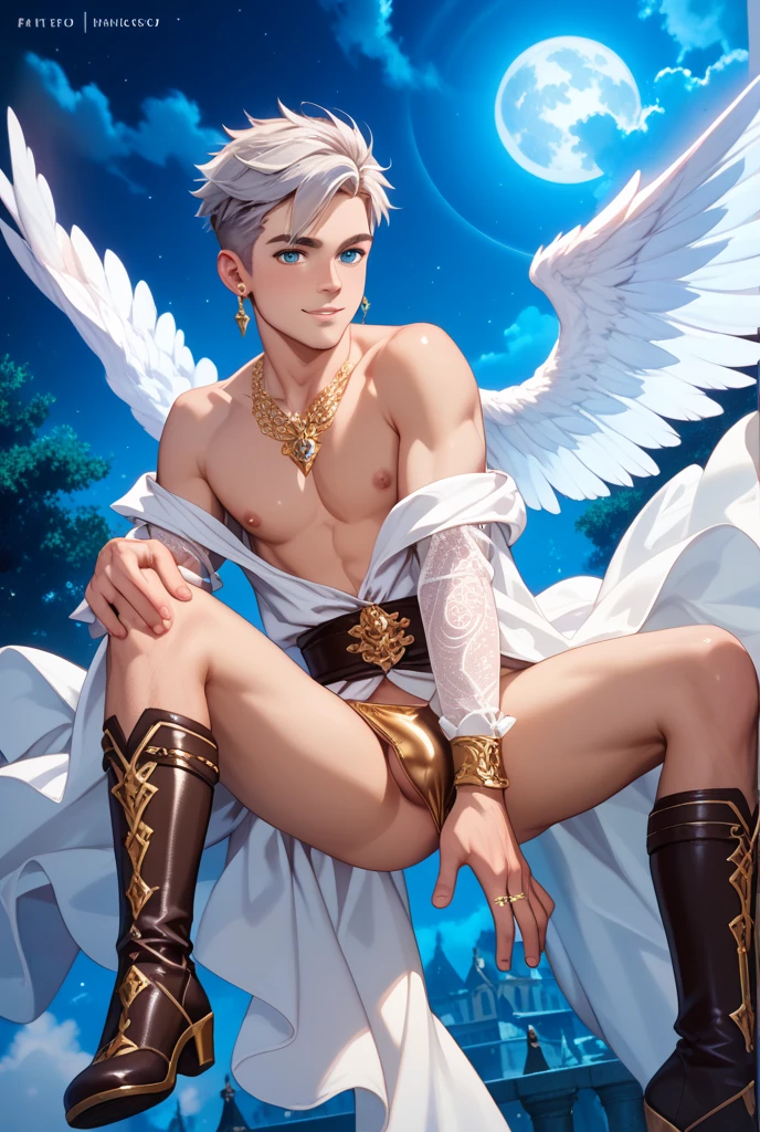 1boy, young male, teen, fairy, innocent face, cute face, youthful face, white eyes, fairy wings, white fairy wings, medium hair, white hair, undercut, hair half shaved, muscular, short, sexy, skimpy, jockstrap, loincloth, minds eye, psychic, psionic
