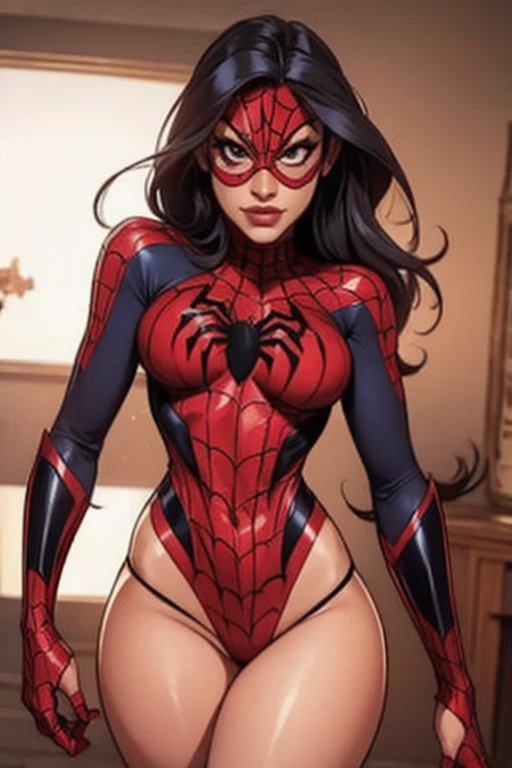 (masterpiece),(Highest quality),(Very detailed),(High resolution),8K,wallpaper,Perfect Anatomy,1 female,woman wearing a spider suit,(front:1.5),Muscular,(Big Breasts:1.2),(Thick thighs:1.2),Random pose,(((The background is a spider web,black))),(spider suit)