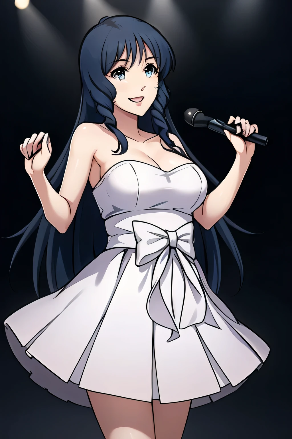 Drawing a woman singing in space,Chase the Tsentradi army battleships,There are lots of battleships,Drawing a woman in a white dress,the soldiers of the Tsentradi army are surprised,A woman singing with a lovely smile ,,face is absolutely necessary,accurate representation of hands and feet,,on stage、illuminated by the spotlight、 A glamorous concert outfit , stage made with laser lights ,,A 20-year-old adult woman with a wonderful smile, long black hair big black wavy hair , , Big breasts, thin waist , ,,
