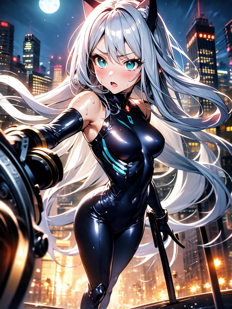 woman,,,city,night,(((white tight miniskirt bodysuit))),(wet with sweat),open mouth smile((See-through))glasses,((beautiful long ponytail)),((Baby girl bo)