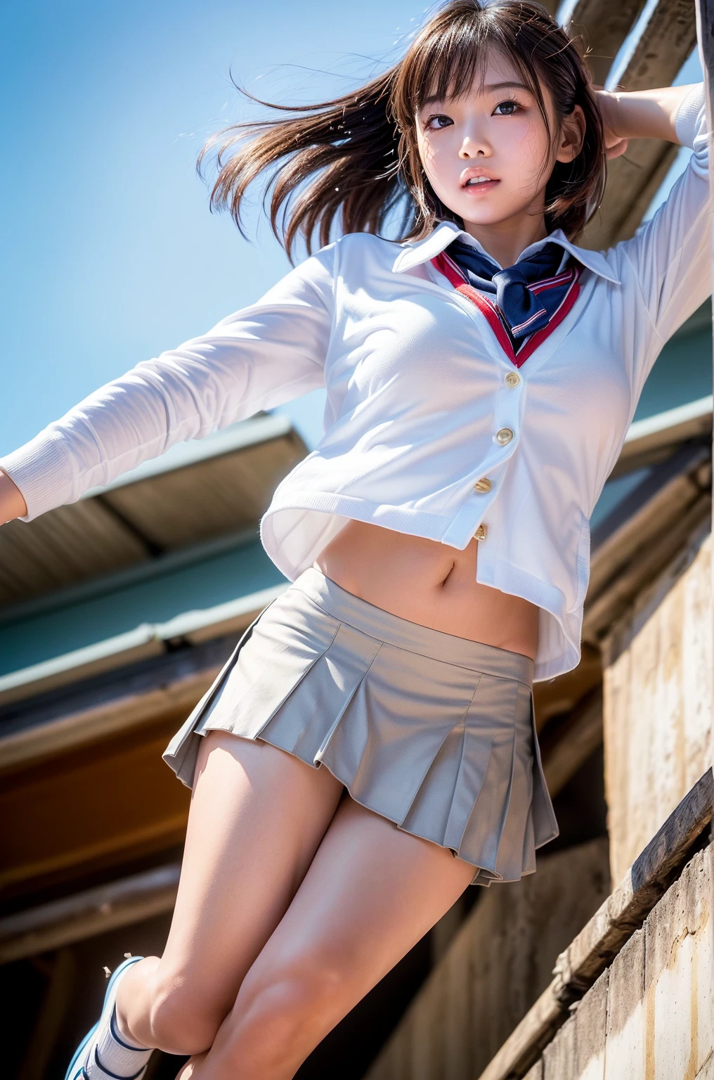 Raw photography:2、 Highest Quality、 realisitic:2、Photorealsitic:2、masterpiece、extremely delicate and beautiful、finely detail、ultra-detailliert、hight resolution、Textured skin、1girl in、(Solo:2.2)、(Alone:2.2)、Japanese high school girl、18year old、(From thigh up)、(beauitful face:1.7)、(Adult face:1.4)、(tall)、middlebreasts、Tea Medium Hair、high school summer uniform、(Dark blue miniskirt fluttering in the wind:1.5)、White short-sleeved shirt、neck tie、(Bare legs:1.5)、(Black loafers:1.2)、(white panties:1.3)、(Sky from below:2)、heavy wind、At SFW
