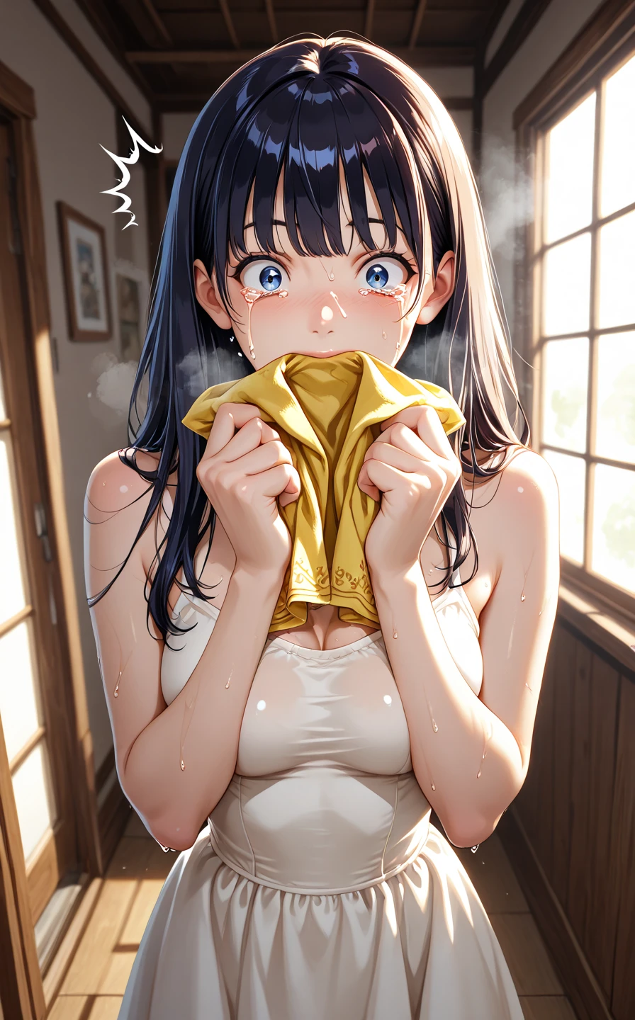 drink juice、closeup-face、Holding a plastic bottle in both hands、The chest area of the clothes is wet with liquid、Juice dripping from the mouth、from directly below、Stinking eyes、sideways glance、School、In the classroom、Girl、Girl、Short、Younger、Lower school year、Baby Face、flat chest、smile、Dynamic Angle、masterpiece、best quality、ultra-detail、Sweating heavily、Summer sunshine、Looks hot、Clothing、Untidy appearance、Her chest is exposed、Heat