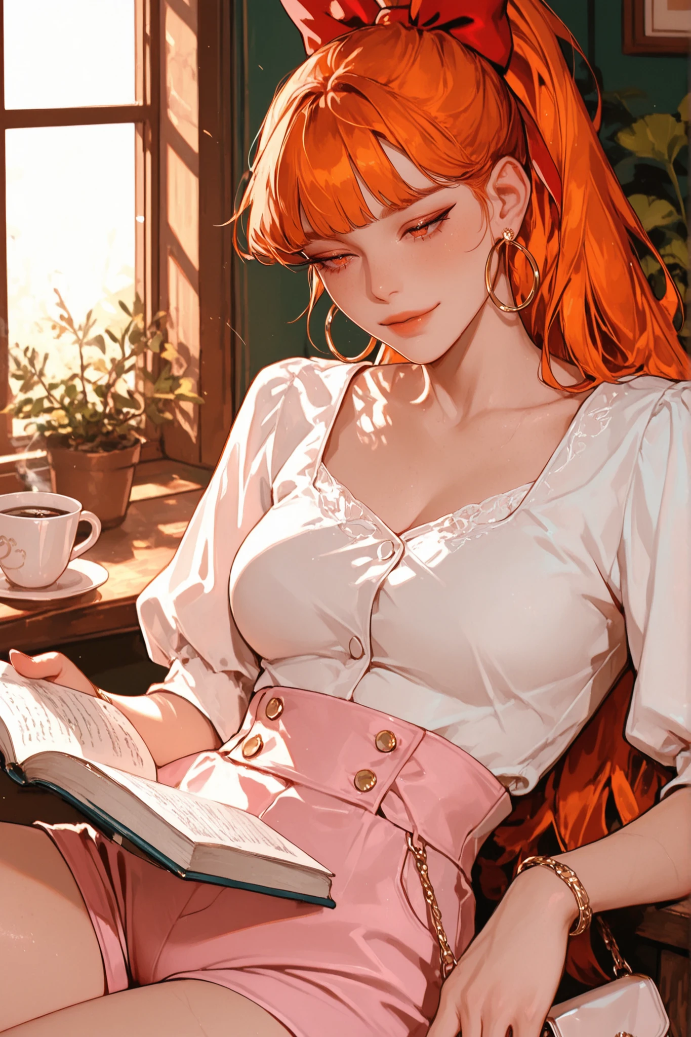 (masterpiece, best quality, ultra-detailed, highres, 4k),(beautiful detailed hands),(1girl),HDR,long hair, shorts, red hair, cellphone, bracelet, jewelry, nail polish, blurry background, smile, wristwatch, realistic, blurry, grandes peitos. In this scene she is writed in a paper the phrase "only 4 days left" with a heart drawed too. the focus is on her hand and in the paper with the phrase writed.