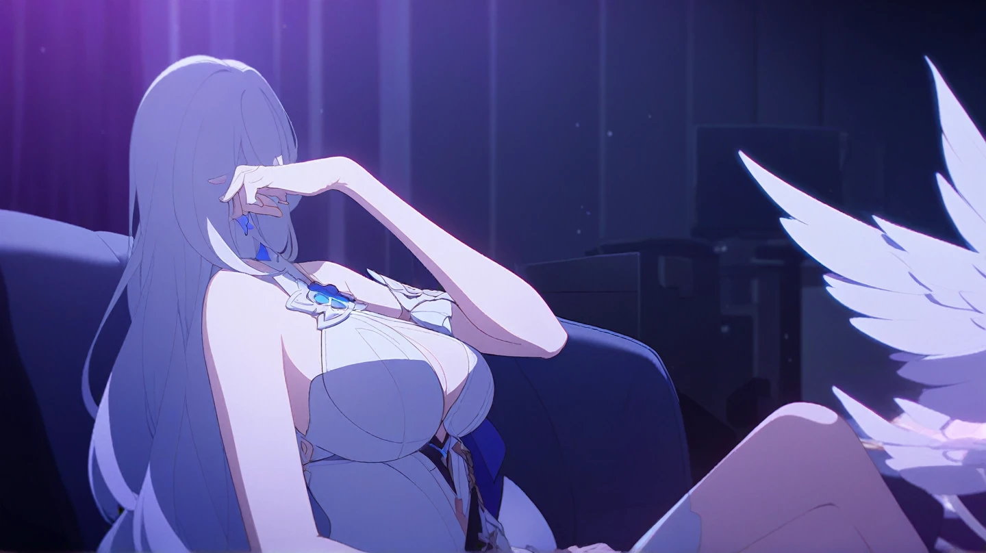 A woman wearing a bathrobe and headphones is sitting on a sofa、A beautiful night view behind、Big Breasts、sexy、Room with a night view、Moonlight、Unbuttoned、Downlight、full moon、Stylish room with fireplace、Black-rimmed glasses、Silver Hair