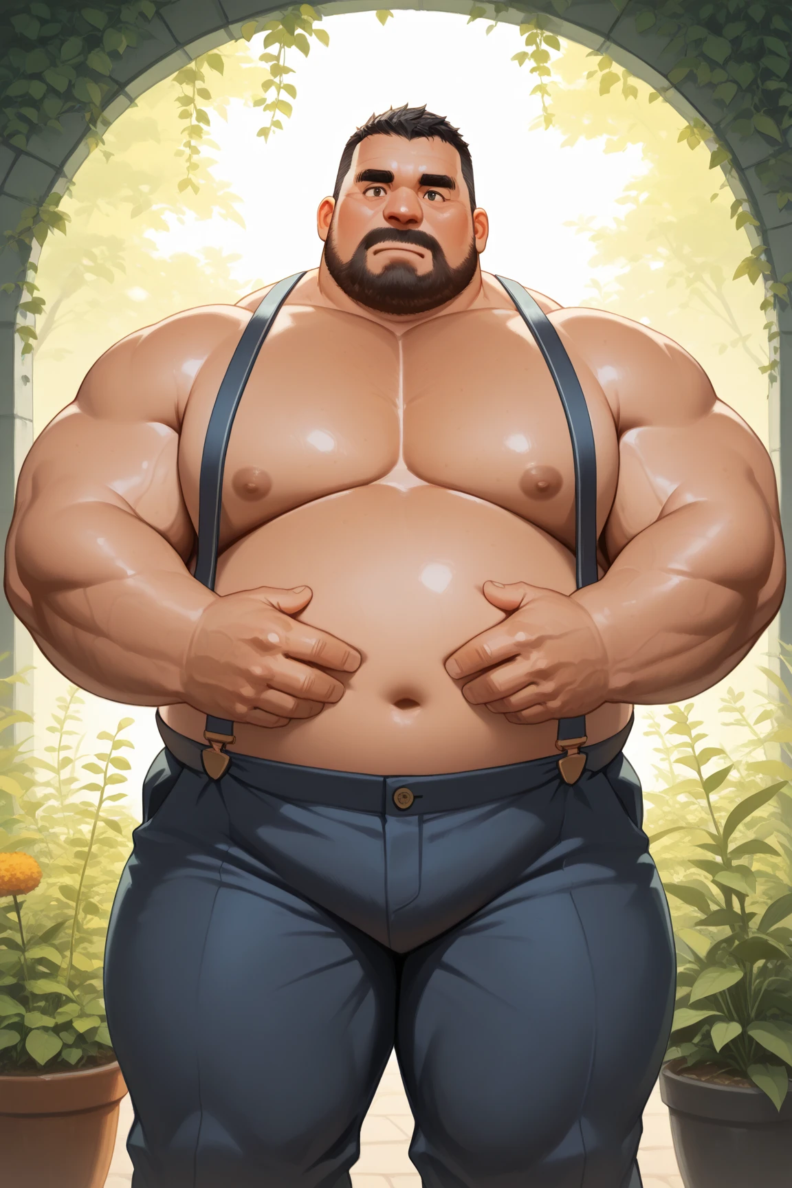 a fat man of 50 years, naked and masturbating in the forest.