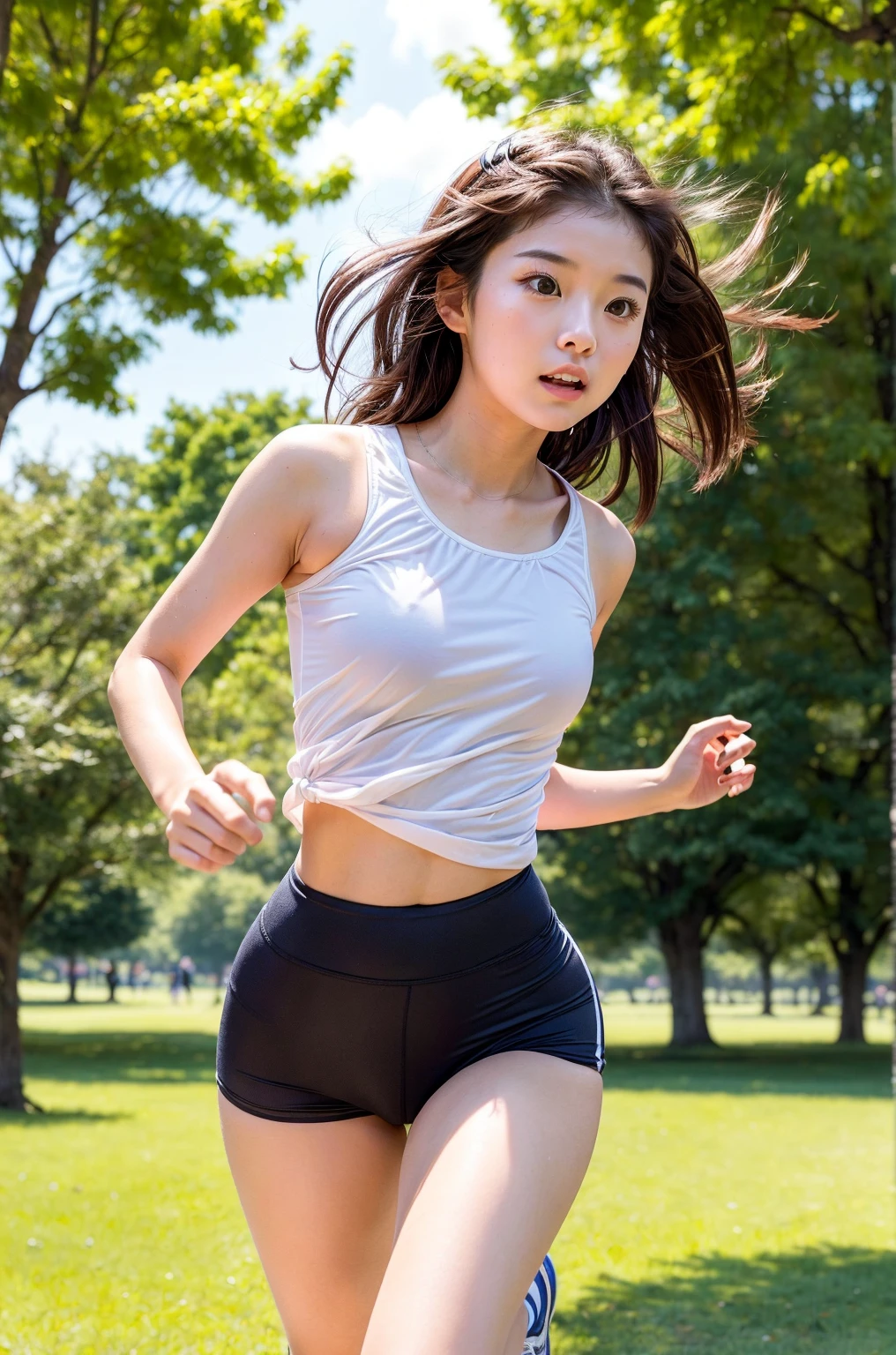 (8k, Photorealistic, Raw photo, Highest quality: 1.4),Japanese idol style１Beautiful girl of the person,18-year-old,Straight Hair,Black Hair,tied behind the head,Her tied up hair is fluttering in the wind,Wearing a cap,Big, clear grey eyes,Long eyelashes,Plump Cheeks,cheeks are flushed,She is wearing pink lipstick,Apply gloss over your lipstick for glossy, plump lips,Her chest is glistening with sweat,Firm and slim abdomen,Wearing sportswear with a short tank top,Wearing sportswear,Wearing white sports shoes,Running along a forest road, looking straight ahead with a serious expression,She is surrounded by the gentle sunlight filtering through the trees.,Full body snapshot