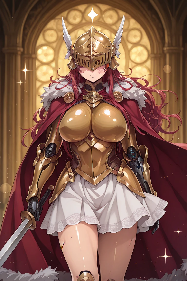 Malenia blade of Miquella from Elden Ring, Red hair, golden helmet, Golden Armor, Sword, not visibles eyes. big breast. no background. Masterpiece, UHD