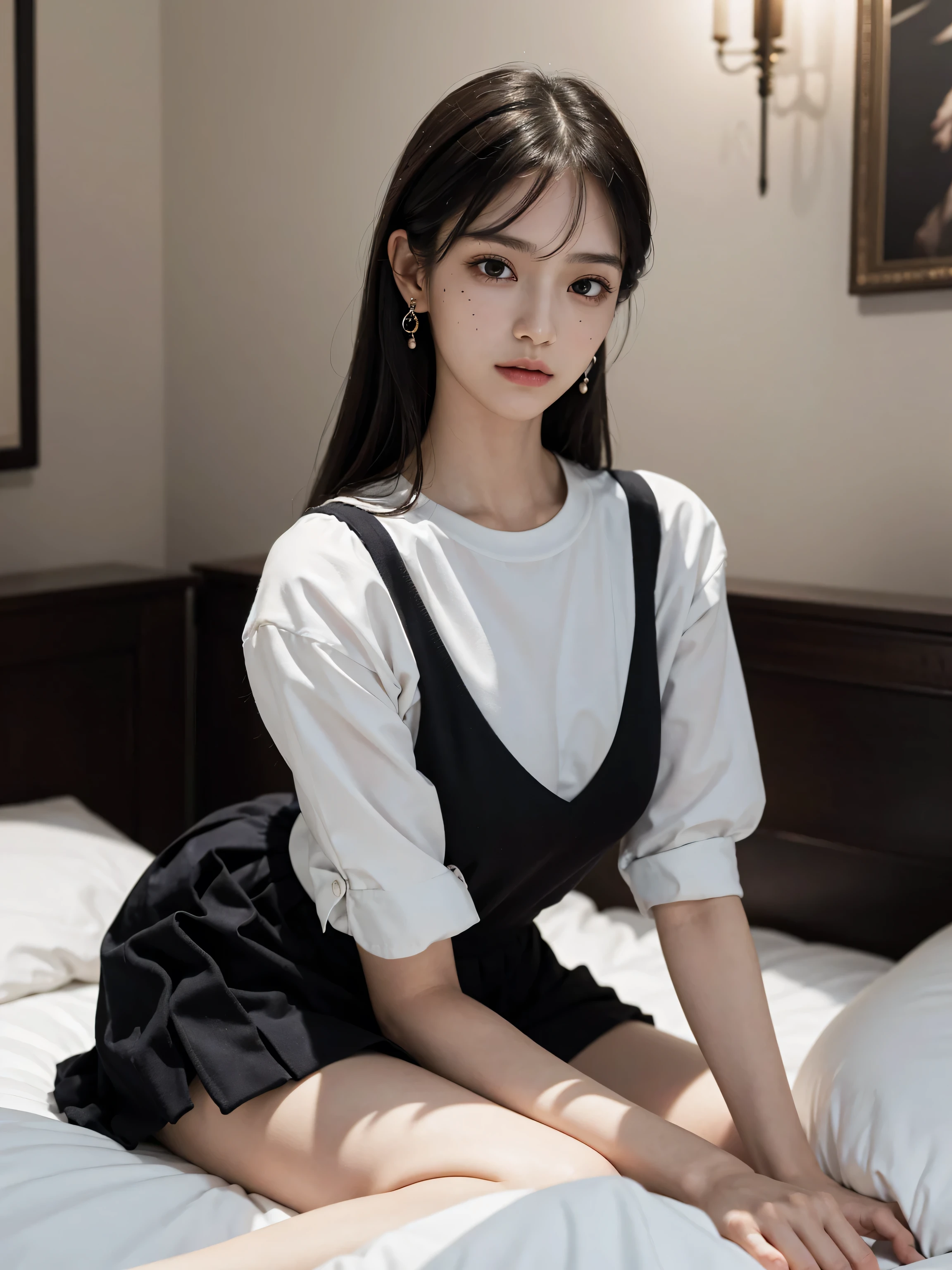 (Photoreal: 1.4), (Hyperrealistic: 1.4), (Realistic: 1.3), (Smooth Lighting: 1.05), (Improved Cinematic Lighting Quality: 0.9), 32K, 1 Female, 24-year-old waitress crouching on her knees, white background, Realistic lighting, Backlight, Face lights, ray tracking, (Bright light: 1.2), (Quality improvement: 1.4), (Top quality realistic textured skin: 1.4), Fine detailed eyes, Detailed face, Fine quality eyes, Dark brown eyes, (Wet and light-reflecting pink lips), (Tired and sleepy and satisfied: 0.0), White blouse, café skirt, apron, dark brown hair, pure white silk socks, black strap pumps, ( White silk socks with shiny sleek fabric: 1.5), dark brown hair, (full body: 1), café background, light indoor white wall background