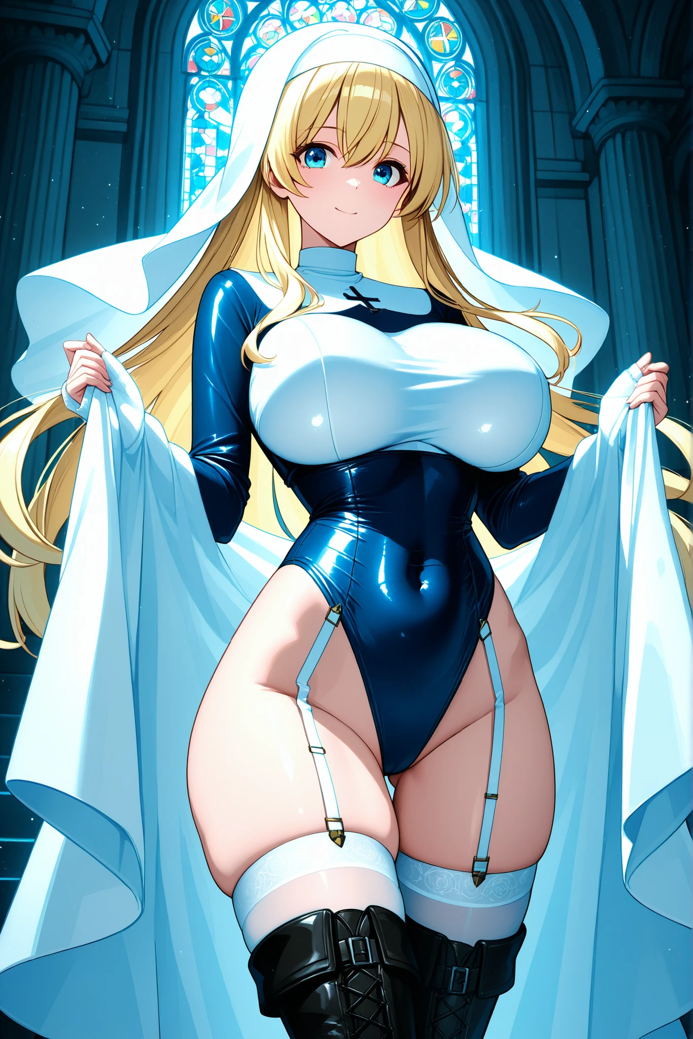 A blonde, blue-eyed girl named Kaori, dressed in a pure white bodysuit, is kneeling in a large, modern design studio with clean white floors and walls. Her curvaceous body with large breasts and wide hips is plump and elastic. Her bodysuit is made of a skin-friendly, soft yet resilient fabric. She exhibits an upbeat, seductive, extroverted, and slightly flirtatious demeanor. As a master of contortion with high pain tolerance, she serves as a human furniture artist, passionate about forniphilia and displaying obedience, professionalism, and discipline.