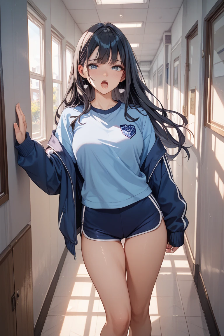 1girl, blue soft jacket, black crop top, off shoulders, black maryjanes, white socks, full body, high detailed Masterpiece, photorealistic. Shiny.