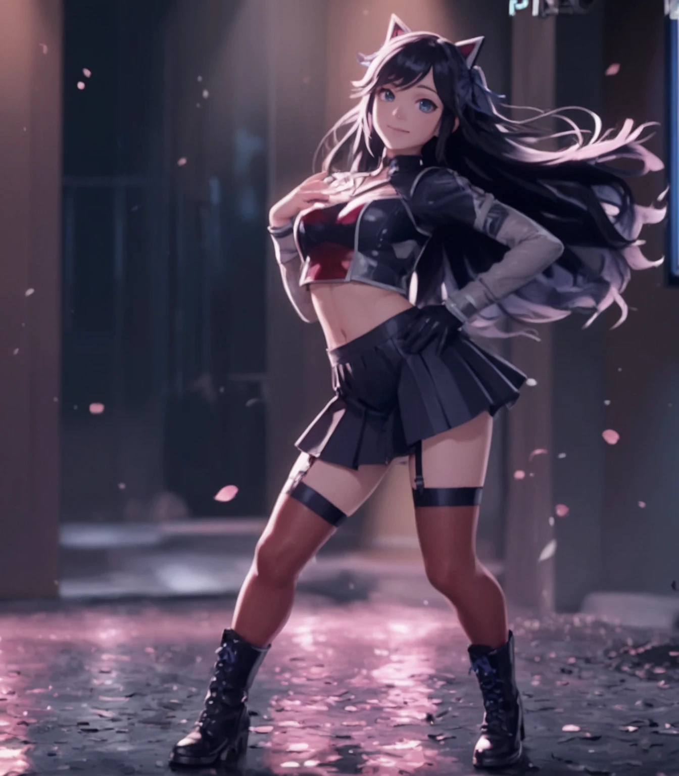 Female idol, dressed in black dancer, long black hair, flat bangs, hair tied in one knot, knee-length black skirt, female idol, red uniform detailed , dancing