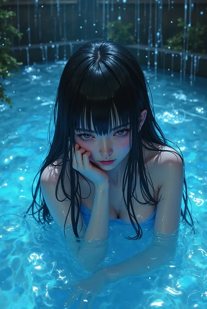(Photorealism), masterpiece, best quality, portrait, (taiwanese ulzzang student), (cute European high nose), close up and soft up to everything, plump body, spot light, super tan skin, dark make up, sharp focus, detailed anatomy, ultra-wonderful face detail, (her deep drippy blue colored melting slime body under the coat), 19 yo, a hot wet erotic blue colored slime emo super idol, with a ultra-cute face of a Japanese-Korean emo young idol, (ultra-detailed eyes), (ultra-detailed skin), (super melting honey hair), laying on hotel bath pool, (drippy melting body), hyper huge breasts, super wide wet juicy sexy red lips, photography, soft light,perfect young luxury face, photorealistic, correct fingers, the light is very bright style: realistic, photorealism negative-prompt:lora