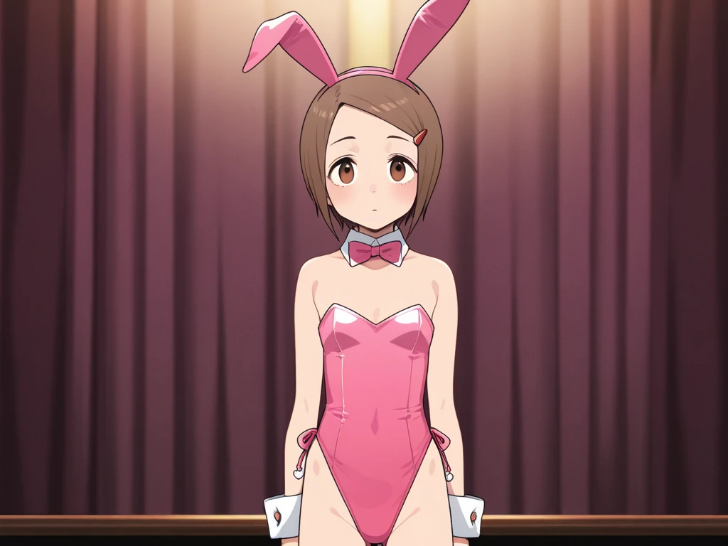 Highres, Masterpiece, Best quality at best,Best Quality,hight quality, hight detailed, Anime style, 1boy, Shota, young boy, Solo person, Tanjiro, red hair, earring, animal ears, playboy bunny, rabbit ears, fake rabbit ears, strapless, strapless leotard, detached collar, bare shoulders, bowtie, bow, wrist cuffs Seen from the front, look at viewer, upper body, (very young boy), (very small and short body), s, (Showing armpit:1.3), hansome boy, Uhd, Bokeh