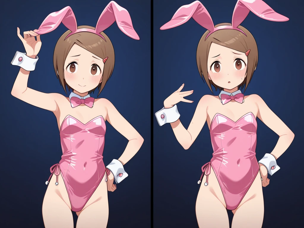 1 girl,alone,ichika nakano,short hair,salmon pink hair,blue eyes,smooth light skin,detailed eyes,seductive,embarrassed,blushing,looking at viewer,pink hair,earrings,standing,((playboy bunny outfit black)),((cleavage)),black headband,((black bunny ears)), ((black pantyhose)),((black heels)),sexy body, curvy body, dynamic pose, handbag, bangs, high quality, big breasts, medium waist, wide hips, medium thighs, interior, japanese style hotel, room, bed, painting, (1girl)), ((only)), standing, best quality, ultra detailed, masterpiece , from the front, ((focus on breasts)), (round breasts) point of view (from the front), perfect ???????, perfect hands