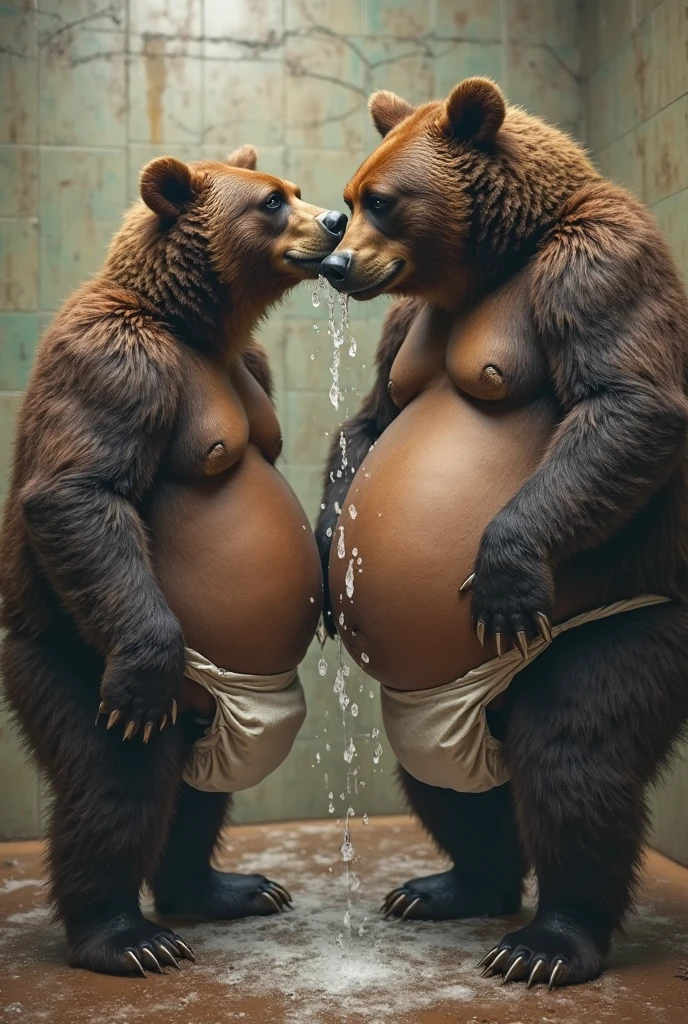 Best quality, best picture quality, two fat men sitting in the water, big belly, ridiculously large physique, ridiculously large belly, very thick limbs, fat all over, attractive strong man, robust chunky body, exaggerated large physique, strong fat bacchus body, very beautiful, obese, gay, fat bear, bear love, eubear, Asian face, elderly, ridiculously fat, morbidly obese, low-rise panties, sexy panties, ?????? panties, exposed panties, open ??????, bright ??????, bald head, shot from the side, firm buttocks, ridiculously large ??????, background is a small river deep in the jungle, the river is very clear and transparent, ridiculously bulging ??????, two ridiculously fat men hugging each other and kissing, ridiculously short panties, more details on the panties, many holes in the panties, more details on the face, more details on the lips, both of them are ridiculously fat, brightly lit, no shadows on the front of the figure, all Asian faces, only yellow, white and rosy skin, thick pubic hair, No body hair on the belly, state of excitement, hyperactive body, white hair, white beard, old face, all fat face, golden ratio body, light source front, raised ??????, the shape of the raised outline on the panties is the same as the shape of the male external genital erection, all fat, all round face, provocative, outdoor passion, field, rich expression details, rich ?????? details, gay couple, smooth big ass, smooth belly, Japanese, real texture, super realistic picture quality, rich character details, Chinese, there are more details on the skin, panties in mesh fabric, translucent panties, more details on the body, sexual excitement, clear skin details, clear panty details, giant man, hug, tongue kiss, hug, male focus, all short hair