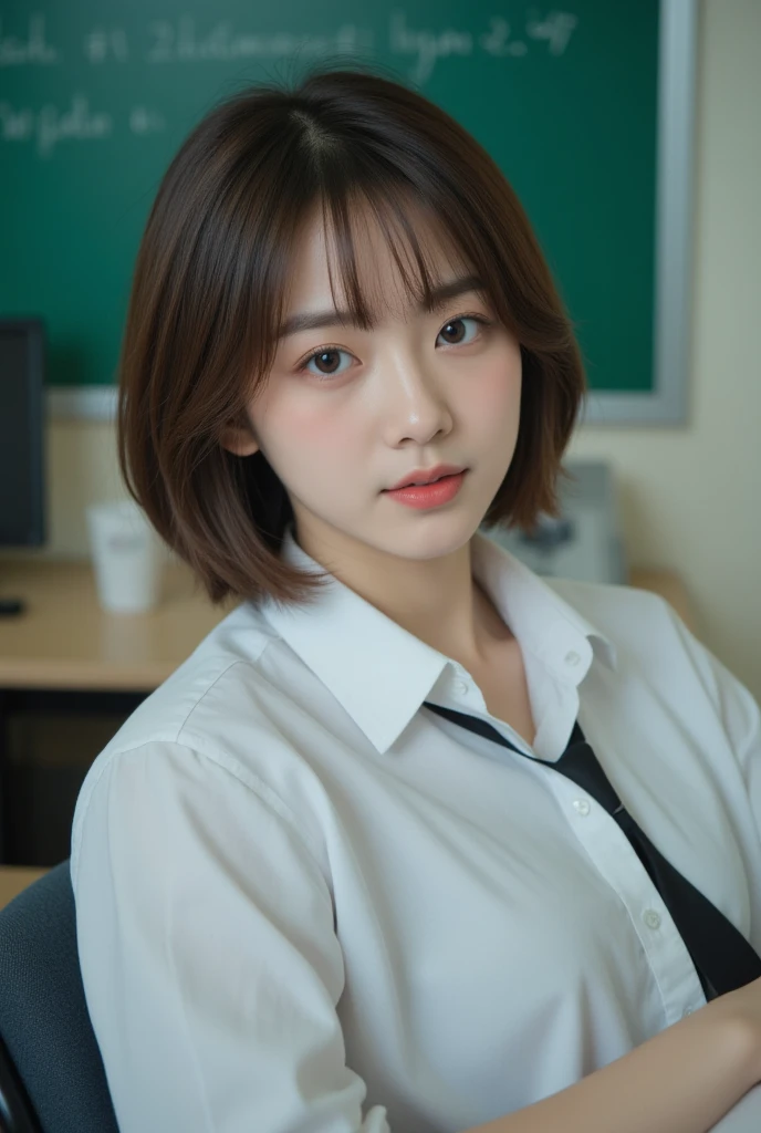 (kawaii 18 year-old Japanese girl, Nogizaka idol, Korean idol, highschool student), healthy female athlete body, (glossy black hair, short hair, pixie cut, bangs:1.3), (rounded face, beautiful black eyes, single eyelid, no makeup, looking at something out of frame, shy:1.5), (collared shirt unbuttoned, creavage visible, pleated skirt:1.3), extra small breasts, BREAK, (classroom background, seating in the chair:1.2), (dynamic angle, cowboy shot:1.2),  BREAK, (masterpiece, best quality, photo realistic, official art:1.4), (UHD, 8K quality wallpaper, high resolution, raw photo, golden ratio:1.3), (shiny skin), professional lighting, physically based rendering, award winning, (highly detailed skin, extremely detailed face and eyes), Carl Zeiss 85 mm F/1.4, depth of field, 1girl, solo,