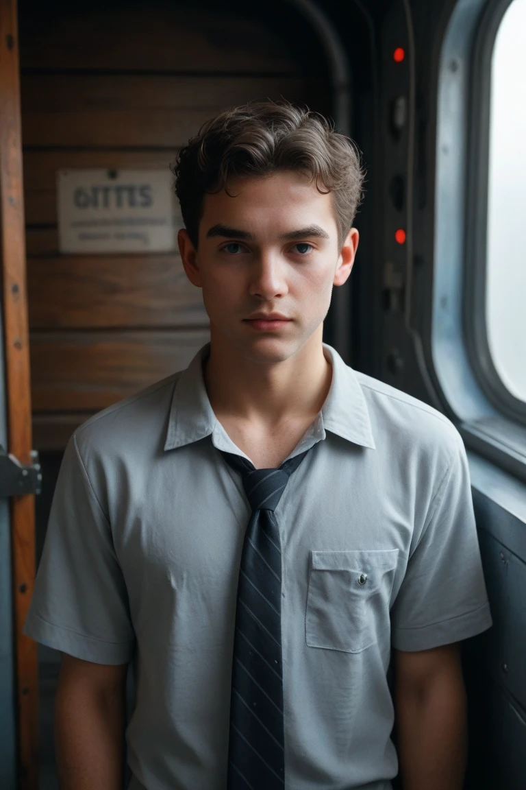 Raw photography, 1boy, Male Focus, Naked young man, hair messy, Looking at Viewer, Beautiful lighting, deepshadow, Best Quality, masutepiece, Ultra-high resolution, Photorealsitic,fullnude , Stand in the bus, twinks, fullnude,sad Facial expression