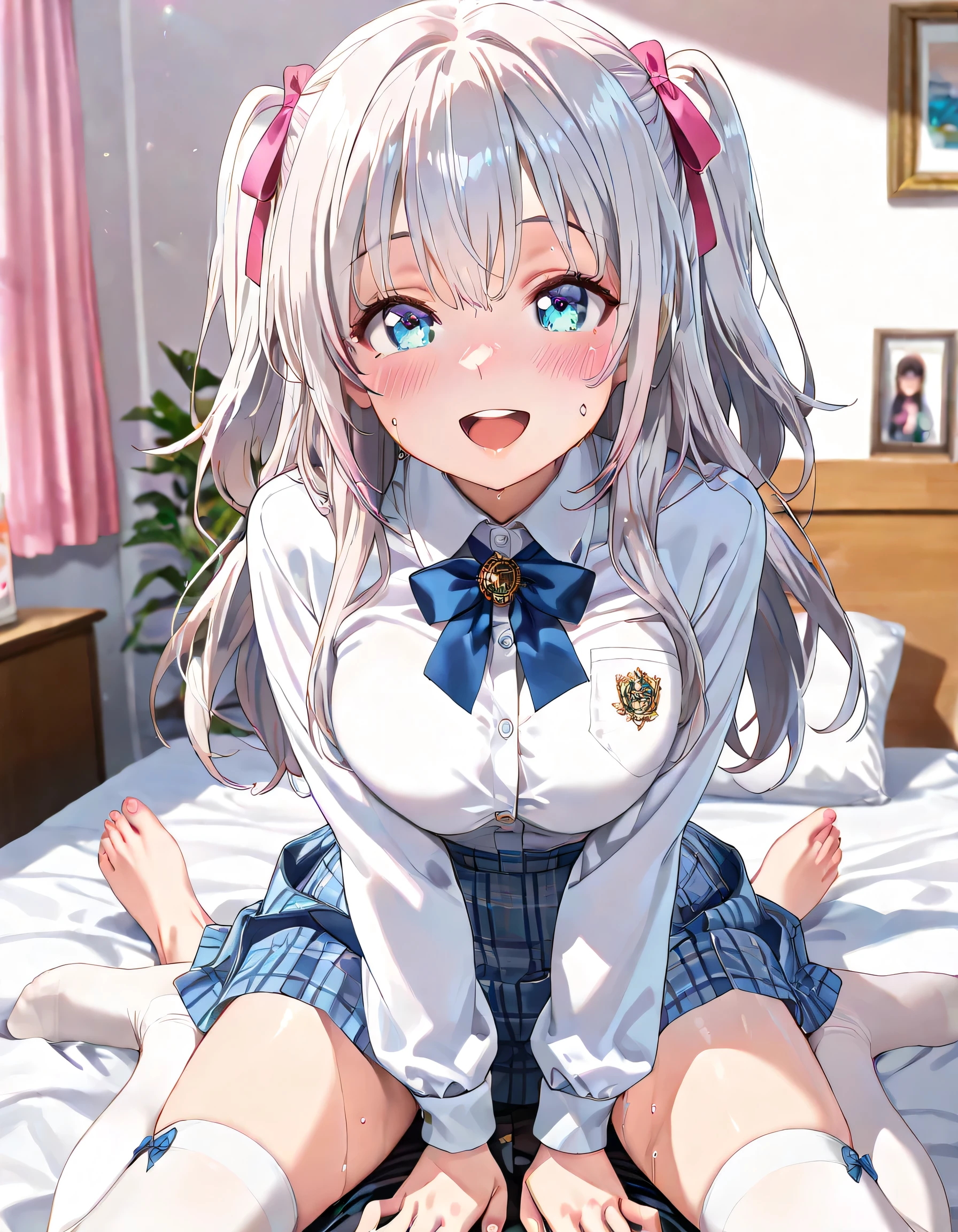 Happy challenging smile、,masterpiece,Open your mouth,Bedroom,,Spread your legs,orgasm,blush、Holding a condom、 Sweat,White panties、skirt、Back Alley