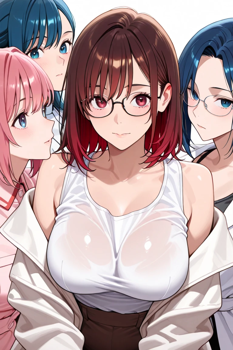 ((Tabletop, Highest quality, High resolution, Pixel Perfect, 4K, Browsing Caution)))、1 Girl, Beautiful woman、(((Sex surrounded by multiple middle-aged men、Bukkake)))、((short hair、Black Hair)), ((Eyes closed、Beautiful eyelashes)), ((Detailed face, blush:1.2)), ((Smooth texture:0.75, Realistic texture:0.65, Realistic:1.1, Anime CG Style))、Big nipples、((Huge breasts、Swollen nipples、Thick thighs)), Perfect body、Office room at night、((((:or、Embarrassing、blush))))、((Sweat、Steam from armpits))、(Place your hands behind your head、Underarm)、((white lacebra、White panties))、Glasses